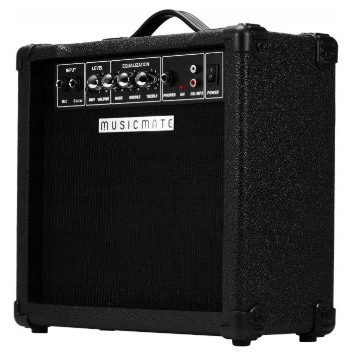 Czarny wzmacniacz gitarowy Musicmate z pokrętłami i grillem głośnikowym.
