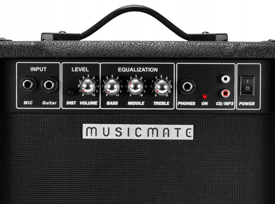 Panel sterowania czarnego wzmacniacza gitarowego Musicmate z pokrętłami i gniazdami.