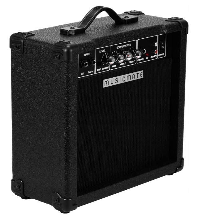 Czarny wzmacniacz gitarowy Musicmate z pokrętłami i uchwytem.