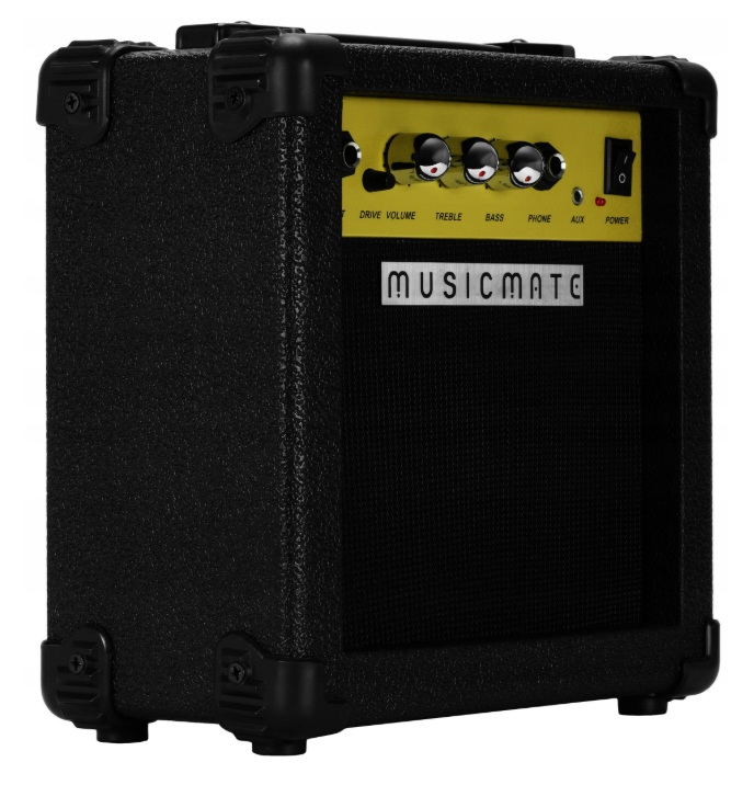 Czarny wzmacniacz gitarowy Musicmate z żółtym panelem sterowania, pokrętłami i kontrolką zasilania.