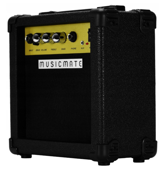 Czarny wzmacniacz gitarowy Musicmate z żółtym panelem sterowania i okrągłymi pokrętłami.