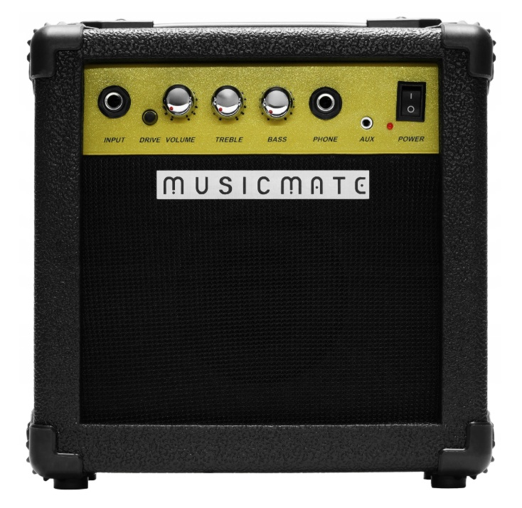 Czarny wzmacniacz gitarowy Musicmate ze złotym panelem, pokrętłami głośności, tonów wysokich, niskich i wejściami.