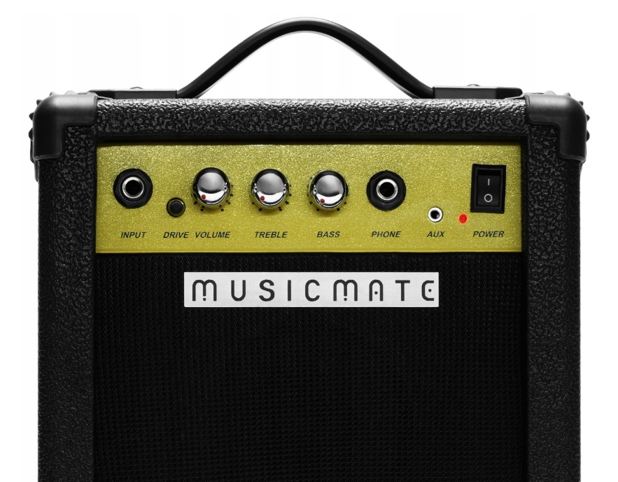 Czarny wzmacniacz gitarowy Musicmate ze złotym panelem sterowania i różnymi pokrętłami.
