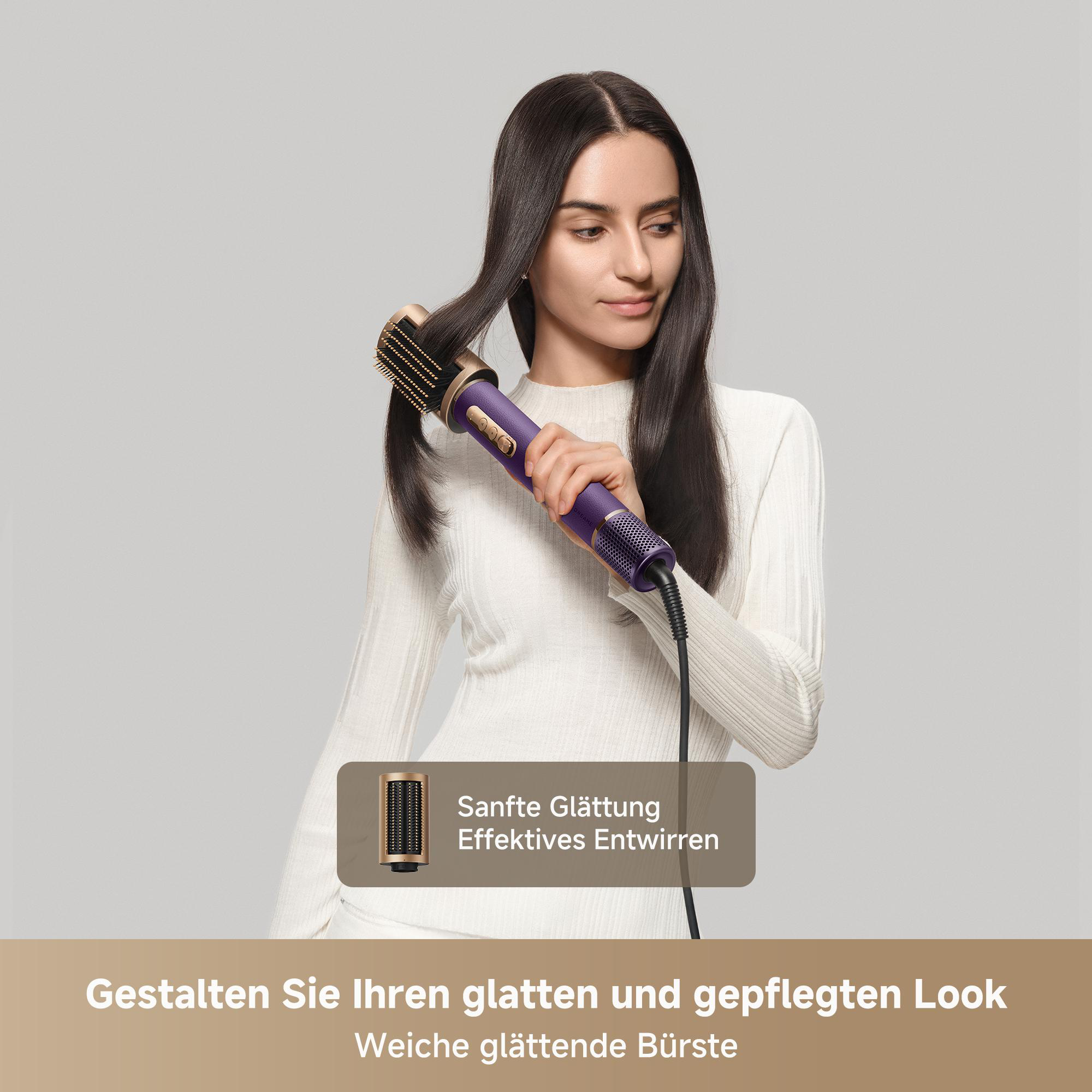 Eine Frau mit dunklem Haar benutzt einen violetten Haarstyler mit Bürstenaufsatz.