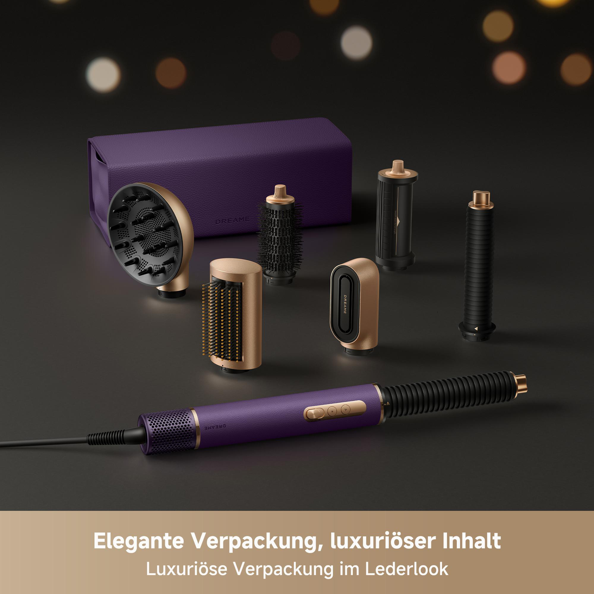 Ein violetter Haartrockner mit goldenen Aufsätzen und einer Lederbox.
