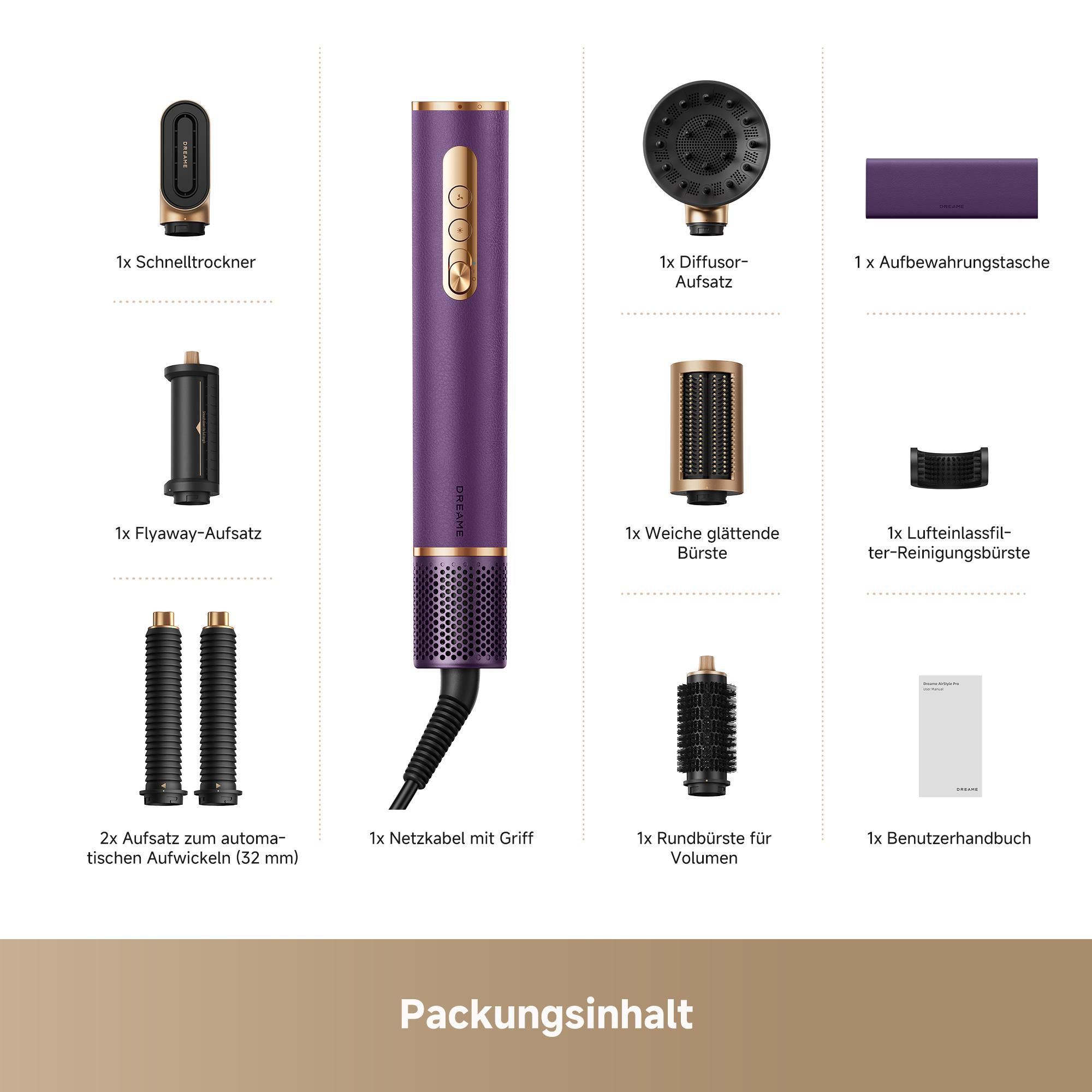 Packungsinhalt eines violetten Haartrockners mit Zubehör: Düsen, Bürsten, Kabel, Tasche, Handbuch.