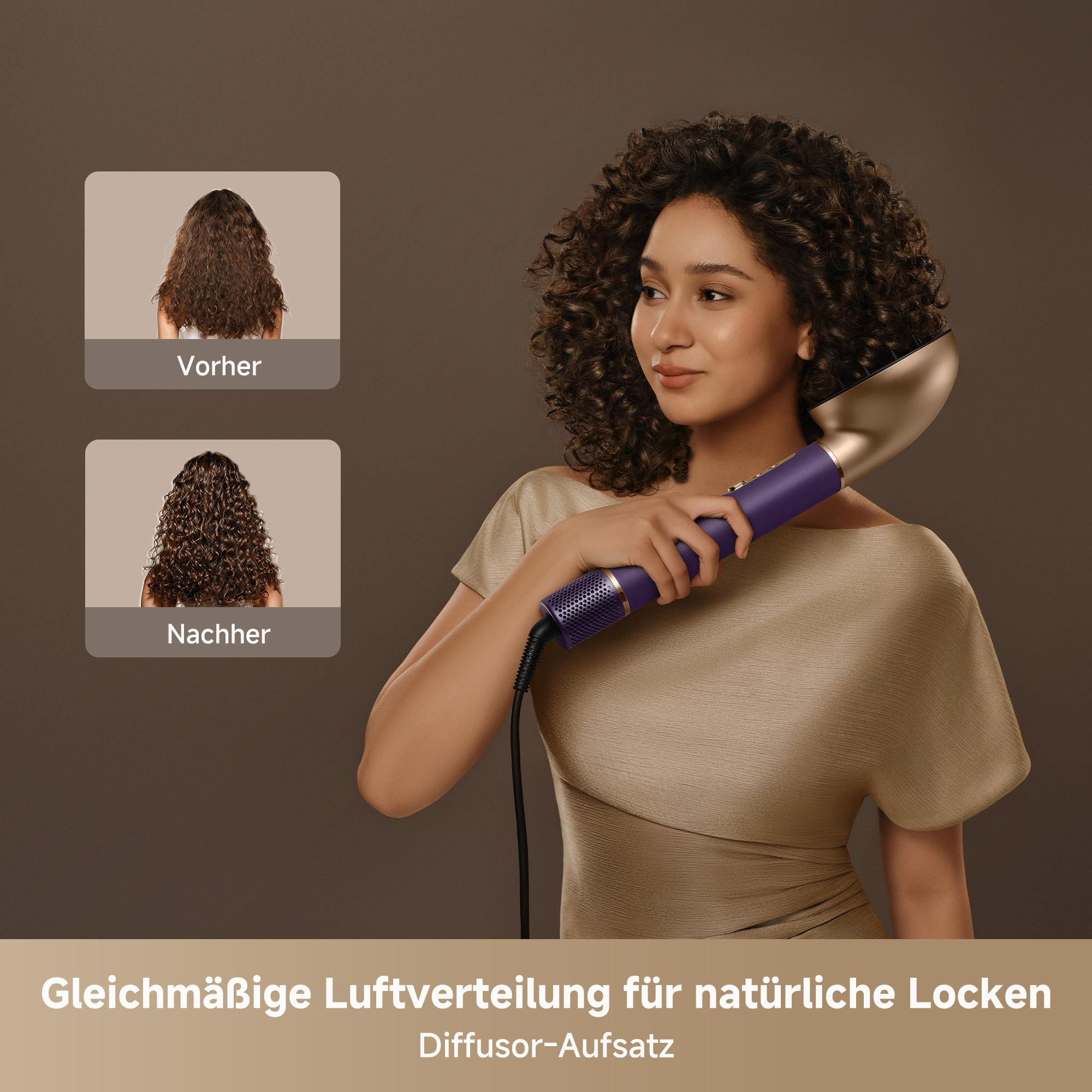 Frau mit Lockenwickler, zeigt vorher/nachher Frisur mit Diffusor-Aufsatz.
