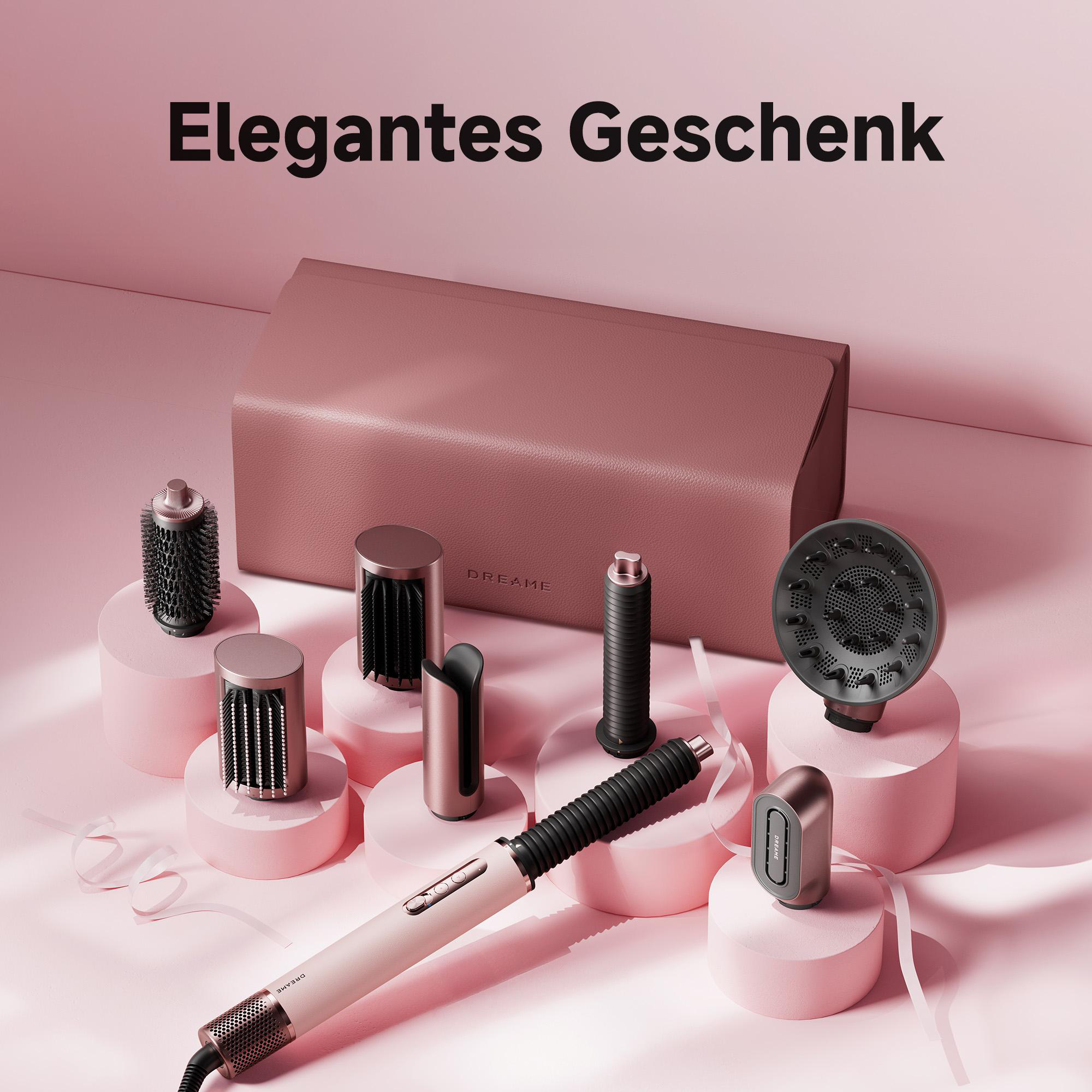 Haartrockner-Aufsätze auf rosa Podesten vor einer rosa Tasche.