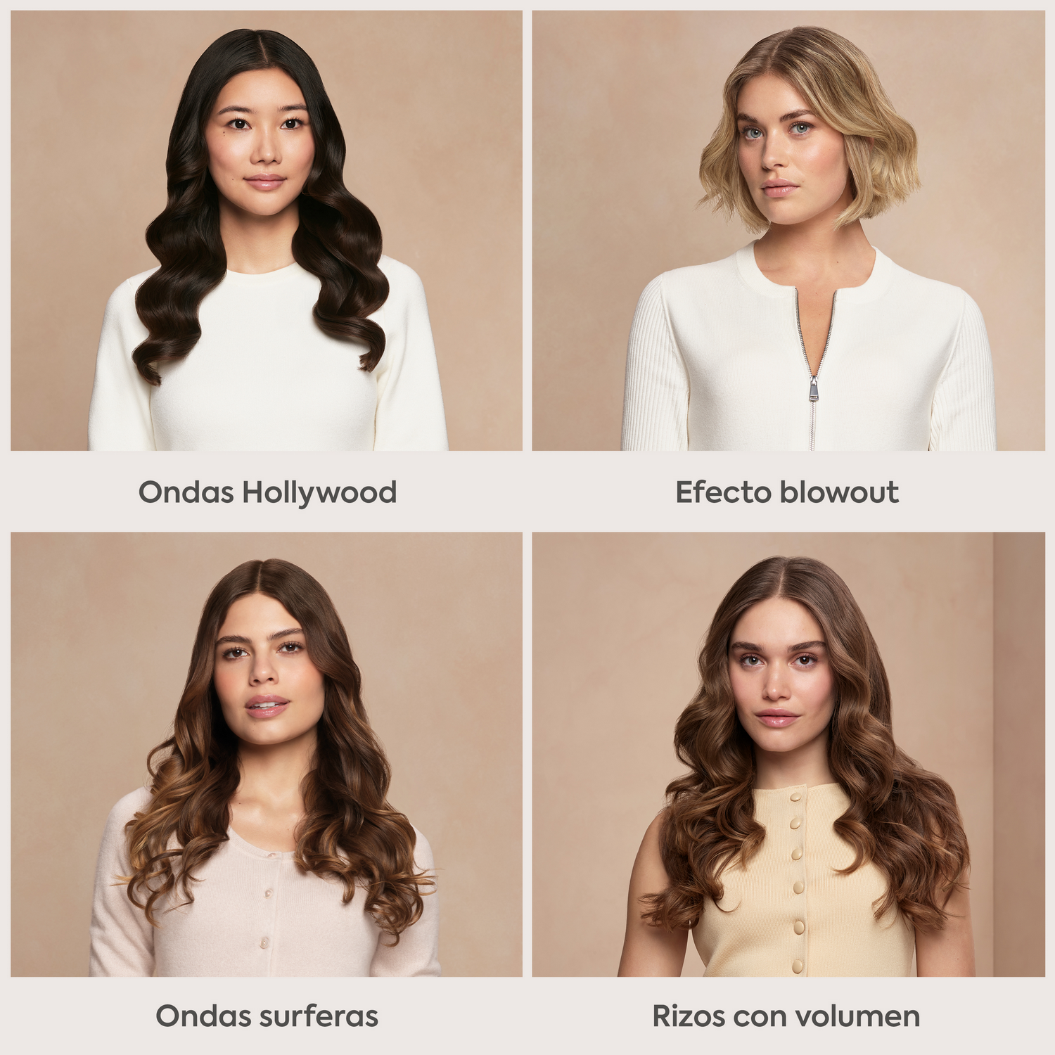 Cuatro mujeres con diferentes peinados: ondas Hollywood, efecto blowout, ondas surferas, rizos voluminosos.