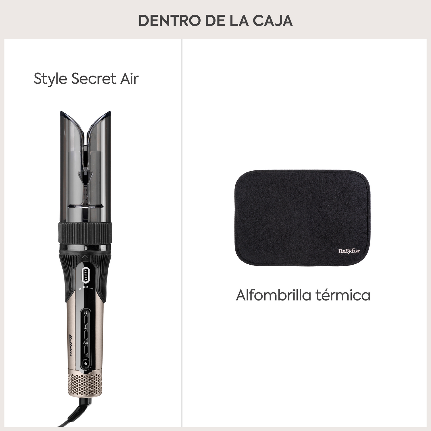 Se muestran un styler para el cabello y una alfombrilla térmica negra.
