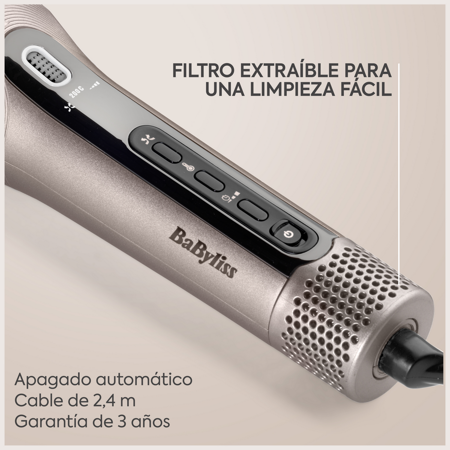 Filtro extraíble para una limpieza fácil. Apagado automático. Cable 2.4mm. Garantía de 3 años.