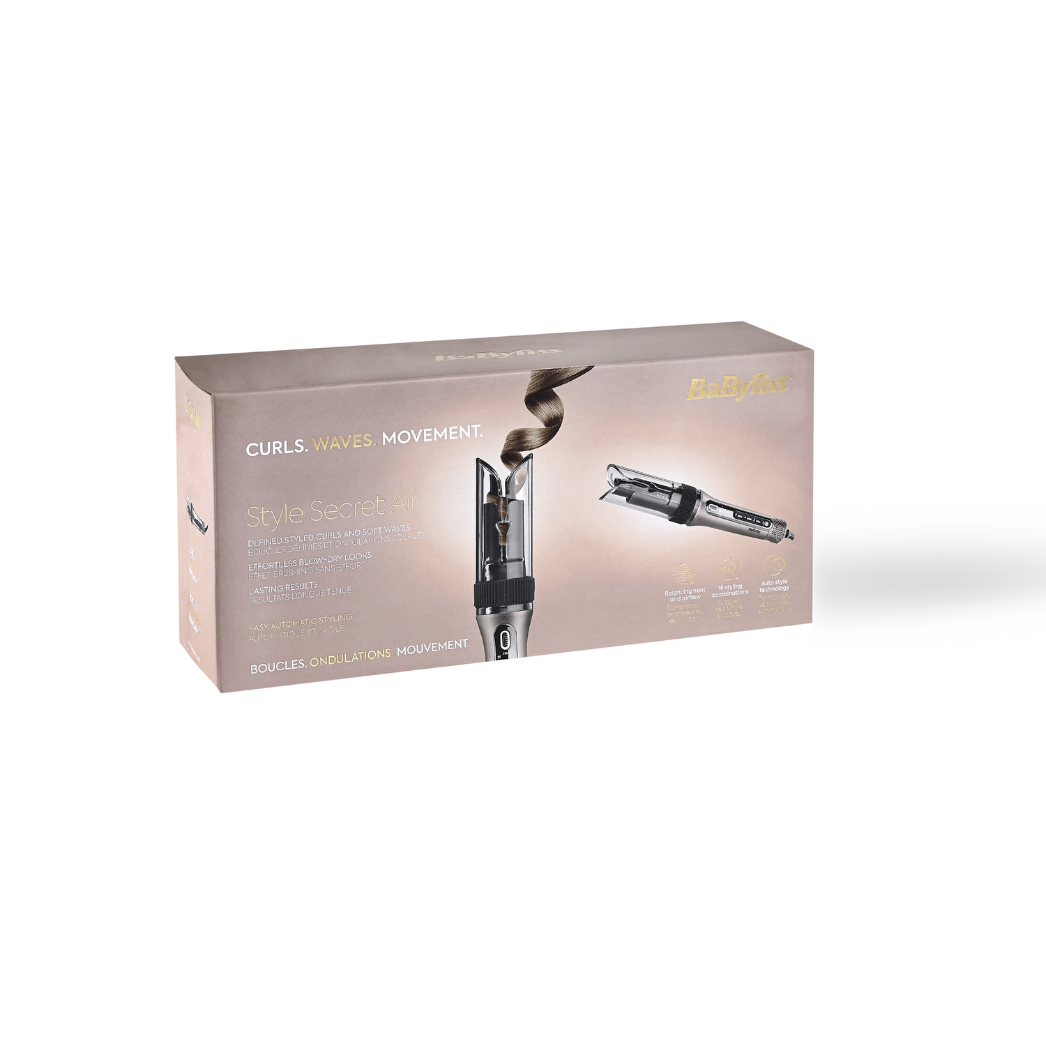 Caja de un rizador automático BaByliss, mostrando rizos y ondas.
