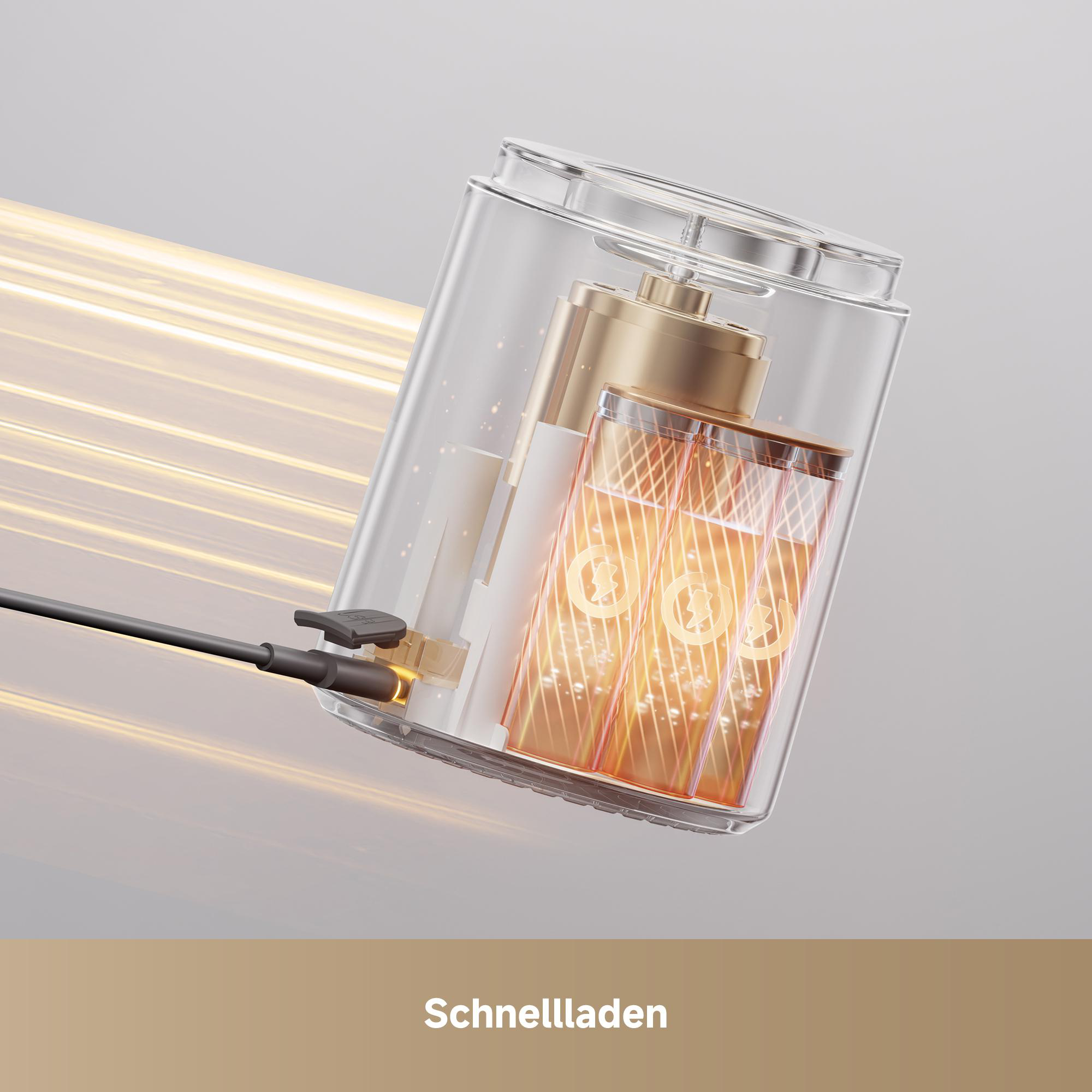 Transparente Batterie wird aufgeladen, goldene Elemente, Ladekabel angeschlossen.