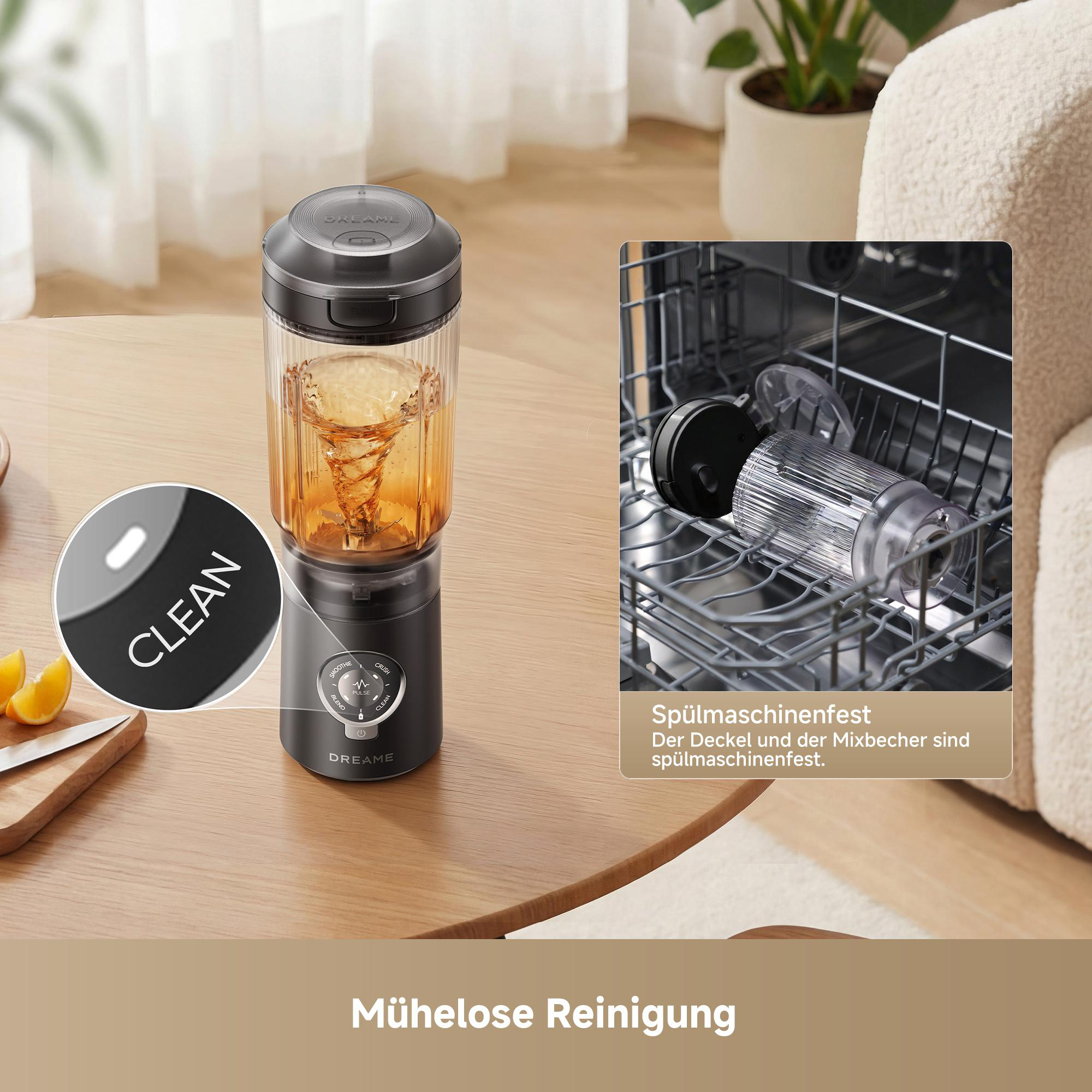 Ein Mixer mit "Clean"-Funktion und spülmaschinenfesten Teilen.