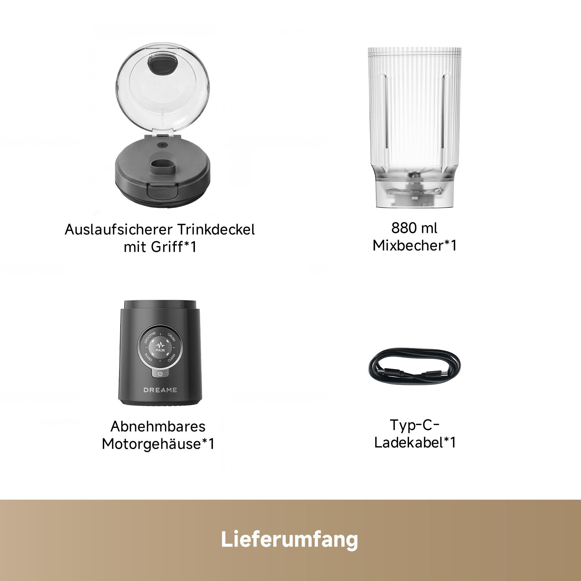 Ein tragbarer Mixer-Set mit Becher, Deckel, Motorgehäuse und Ladekabel.