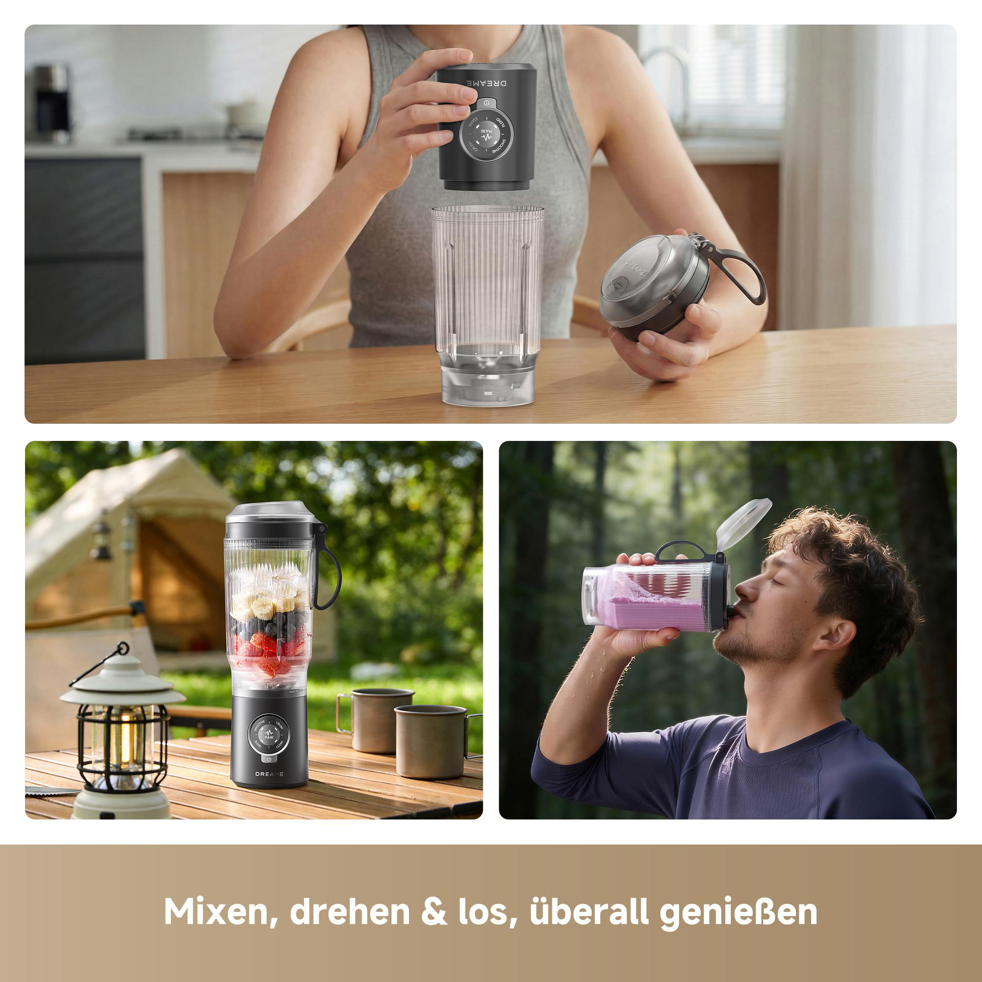 Ein tragbarer Mixer wird gezeigt, der drinnen und draußen verwendet wird.
