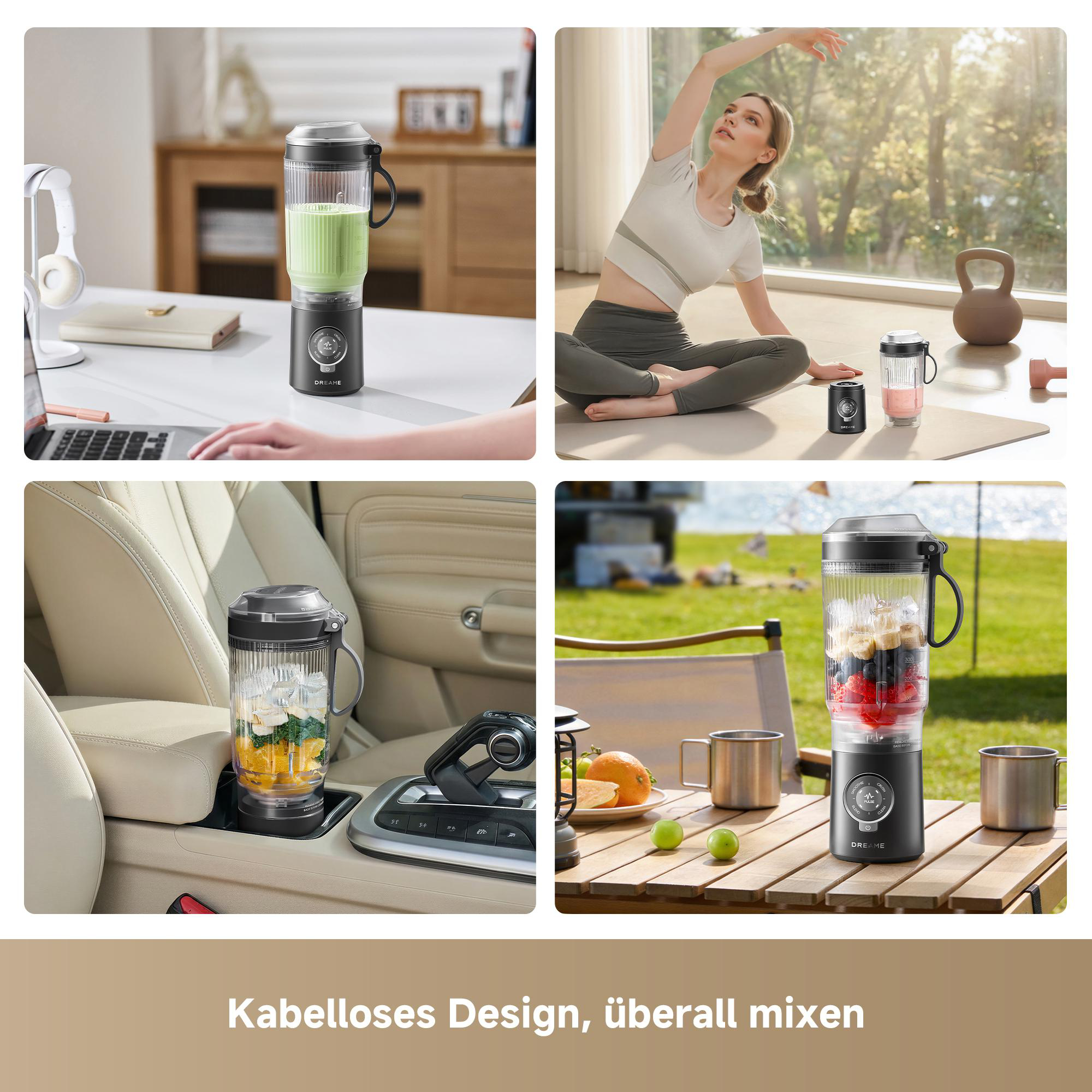 Ein tragbarer Mixer wird auf einem Schreibtisch, im Auto, beim Sport und draußen verwendet.