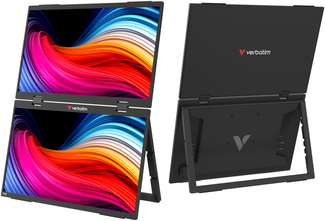Zwei Monitore nebeneinander mit farbigen abstrakten Mustern. Hinten ein schwarzer Laptop mit Logo.