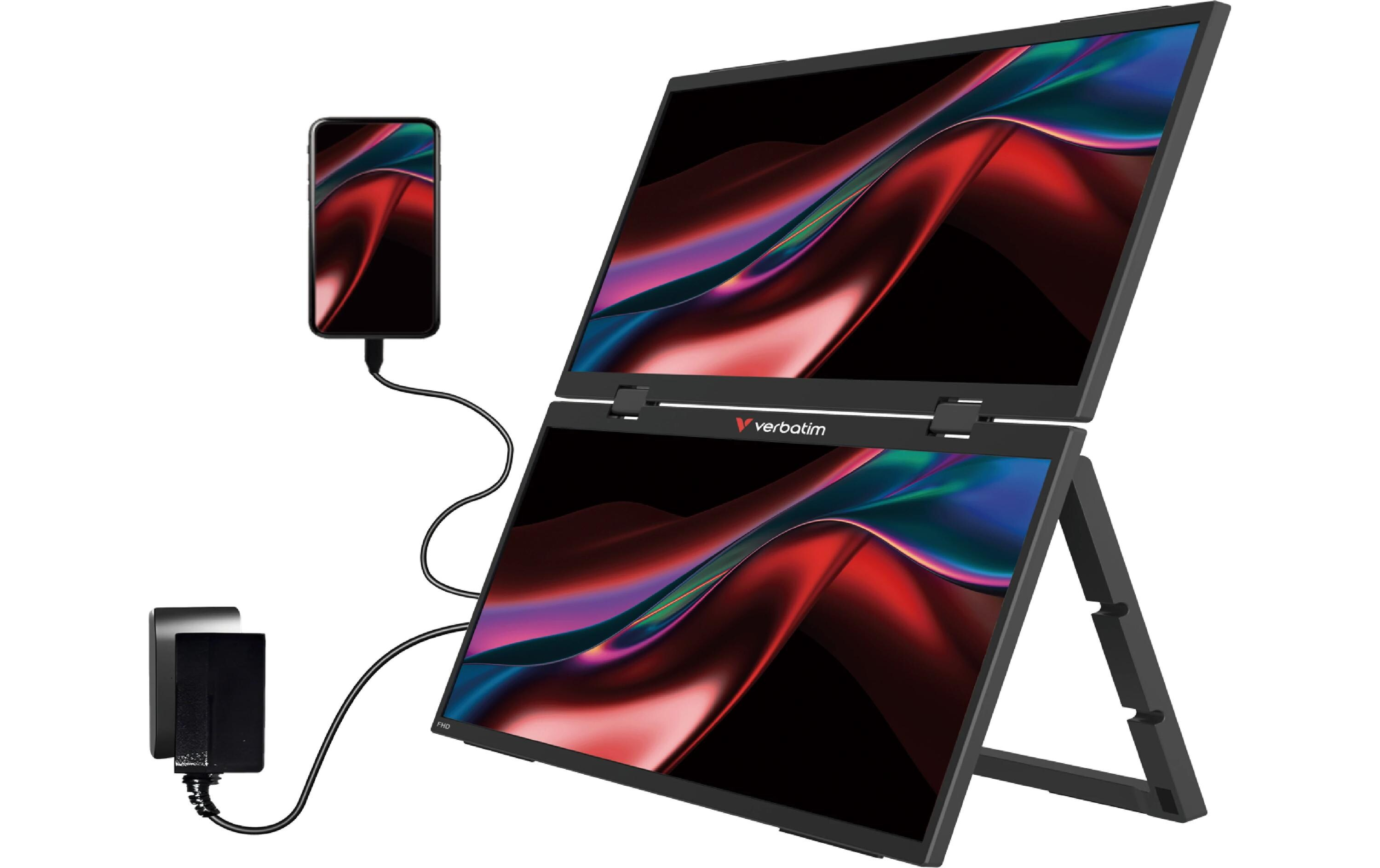 Zwei Monitore, ein Smartphone und ein Netzteil sind über Kabel verbunden.