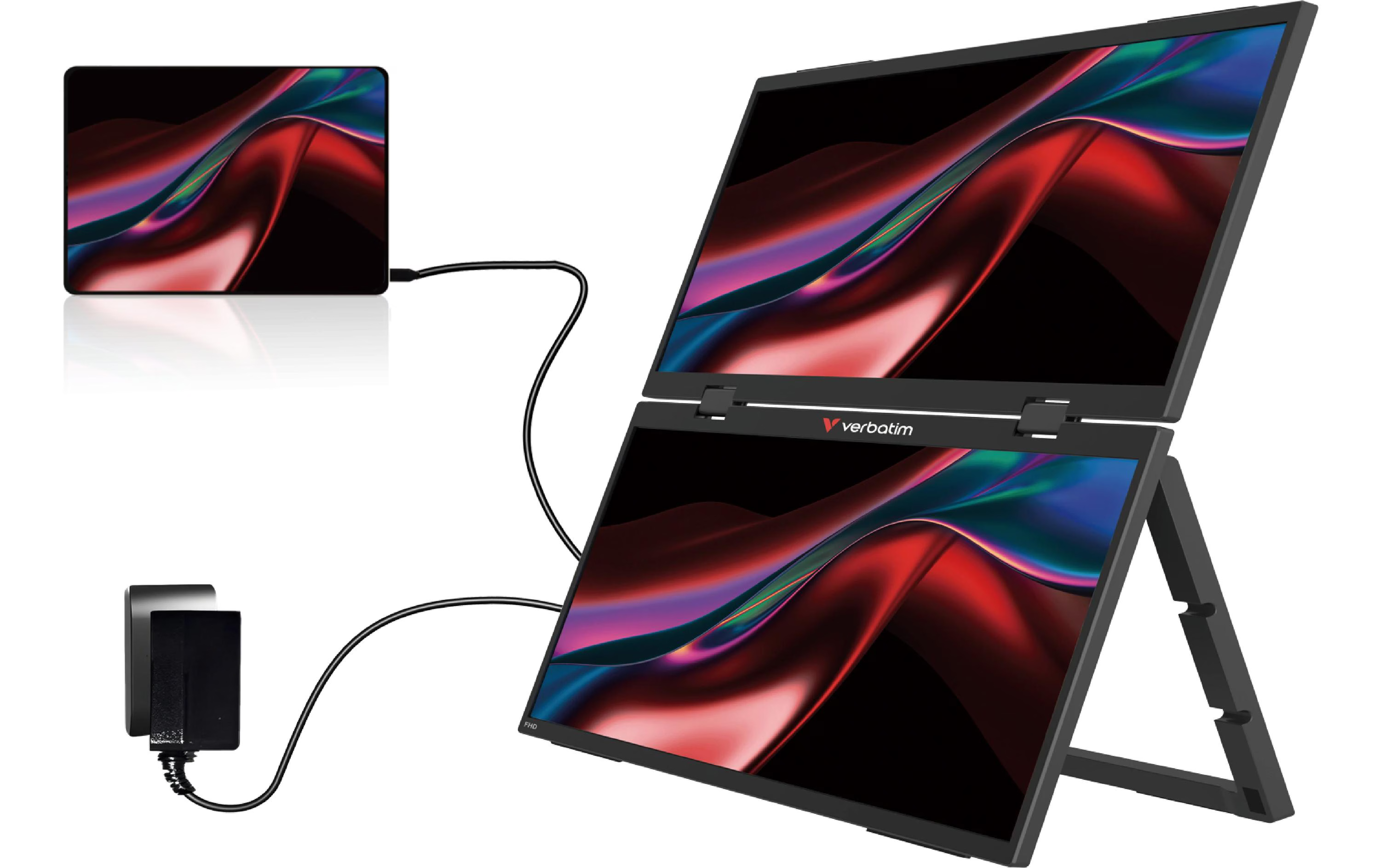 Zwei Monitore mit abstraktem Hintergrund, die über ein Kabel verbunden sind.