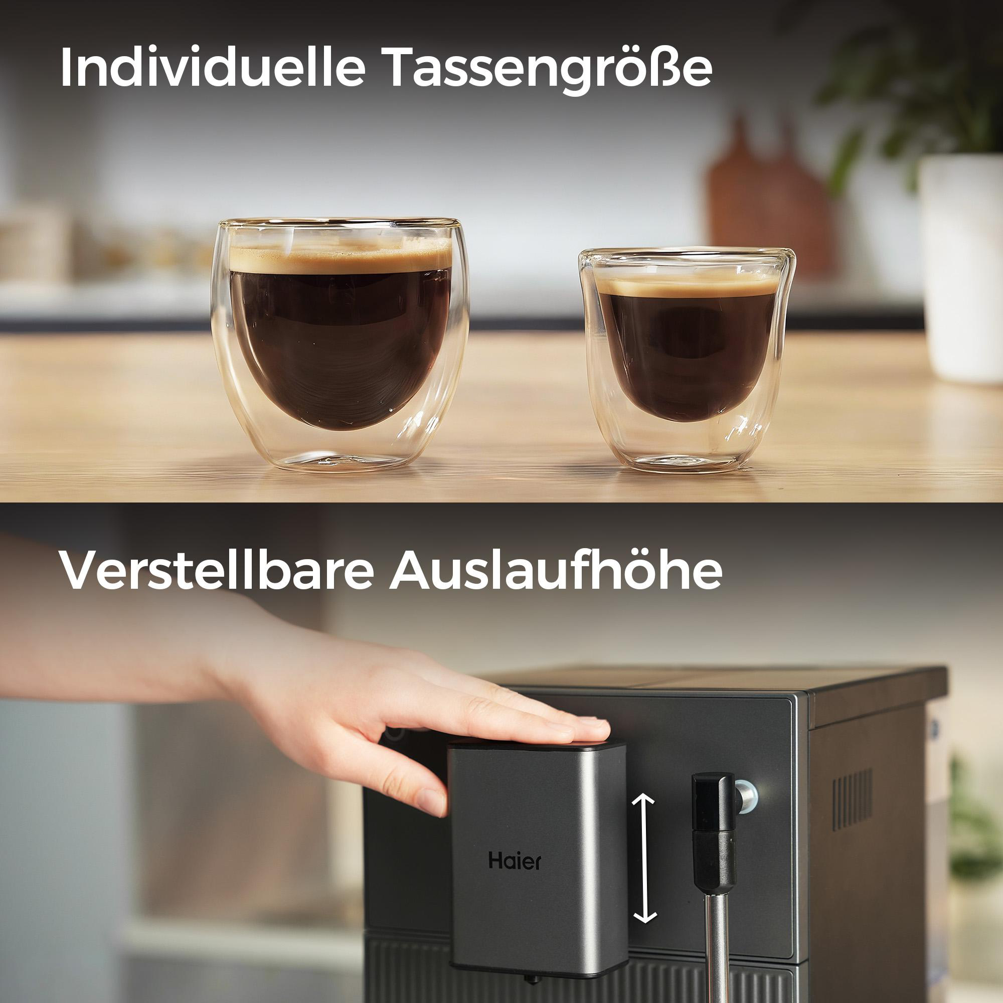 Zwei Gläser Espresso und eine Hand passt die Auslaufhöhe einer Kaffeemaschine an.