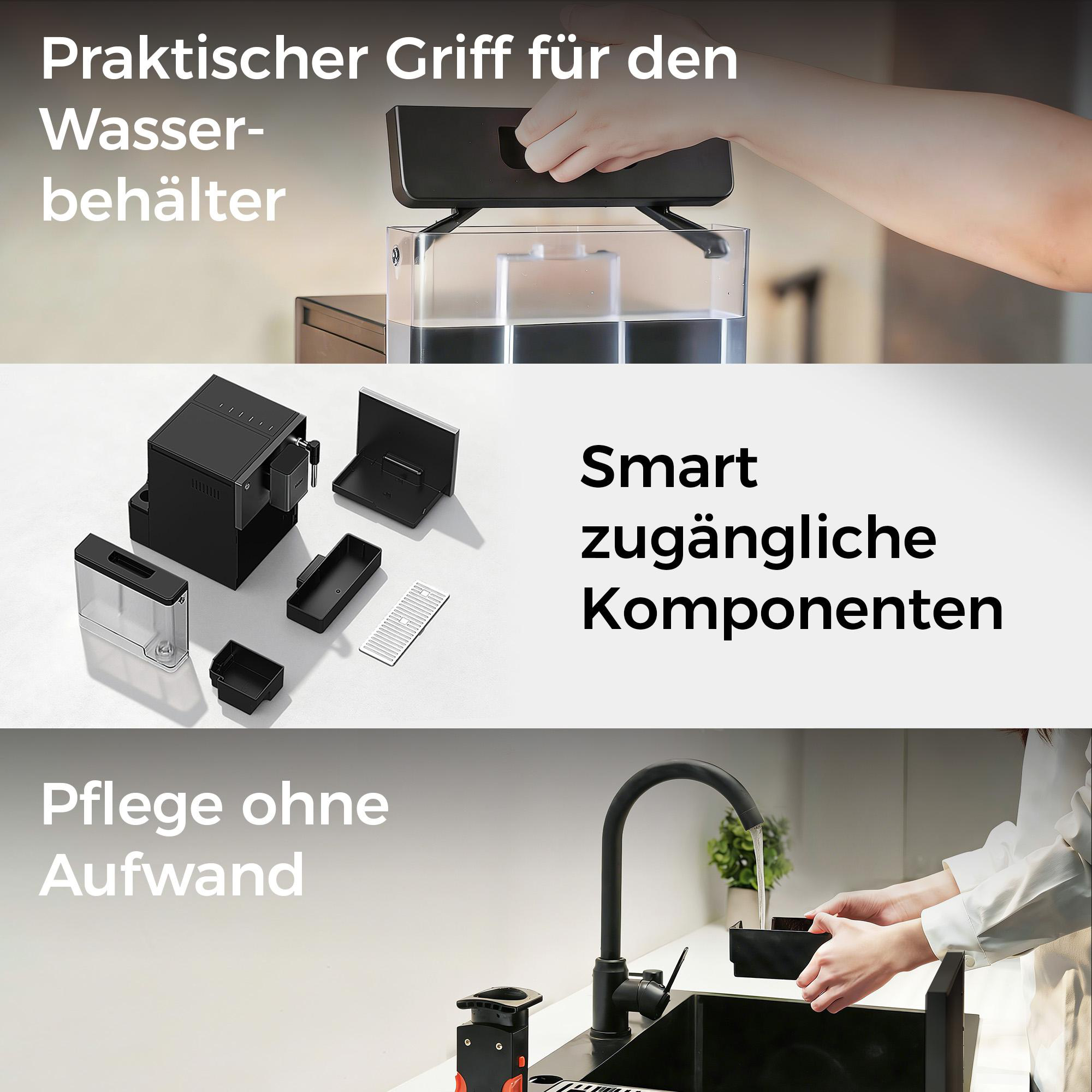 Hand entnimmt Wasserbehälter. Kaffeemaschine mit Zubehör. Hände reinigen Abtropfschale.