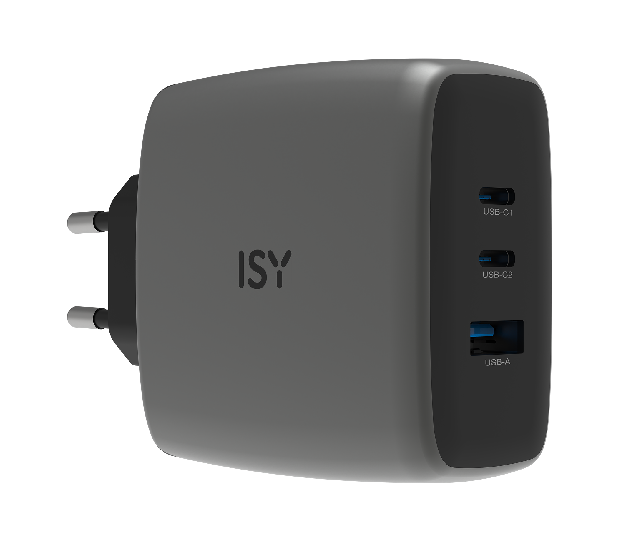 Szara ładowarka ISY z dwoma portami USB-C i jednym USB-A.