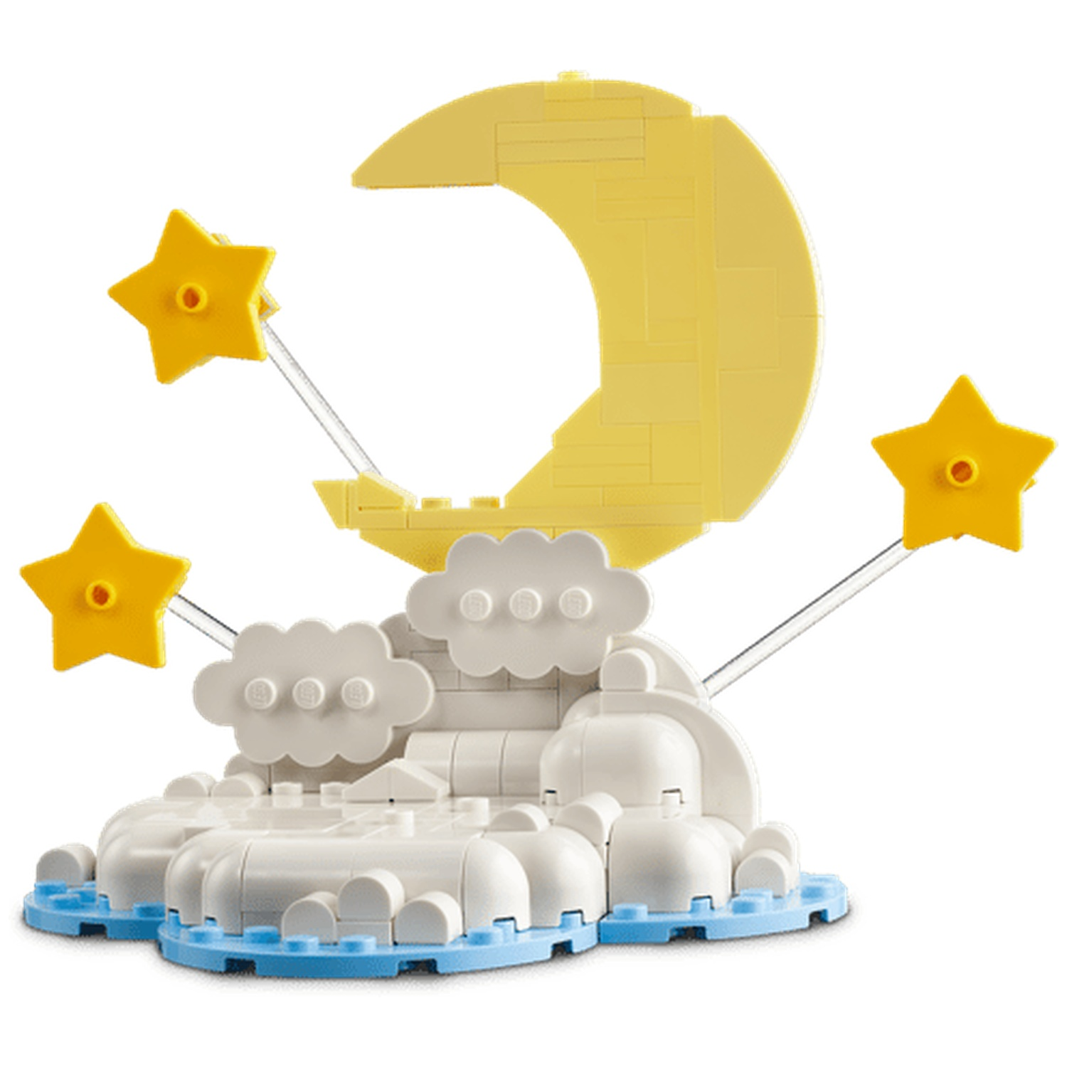 Een gele Lego-maan boven witte Lego-wolken met gele sterren.