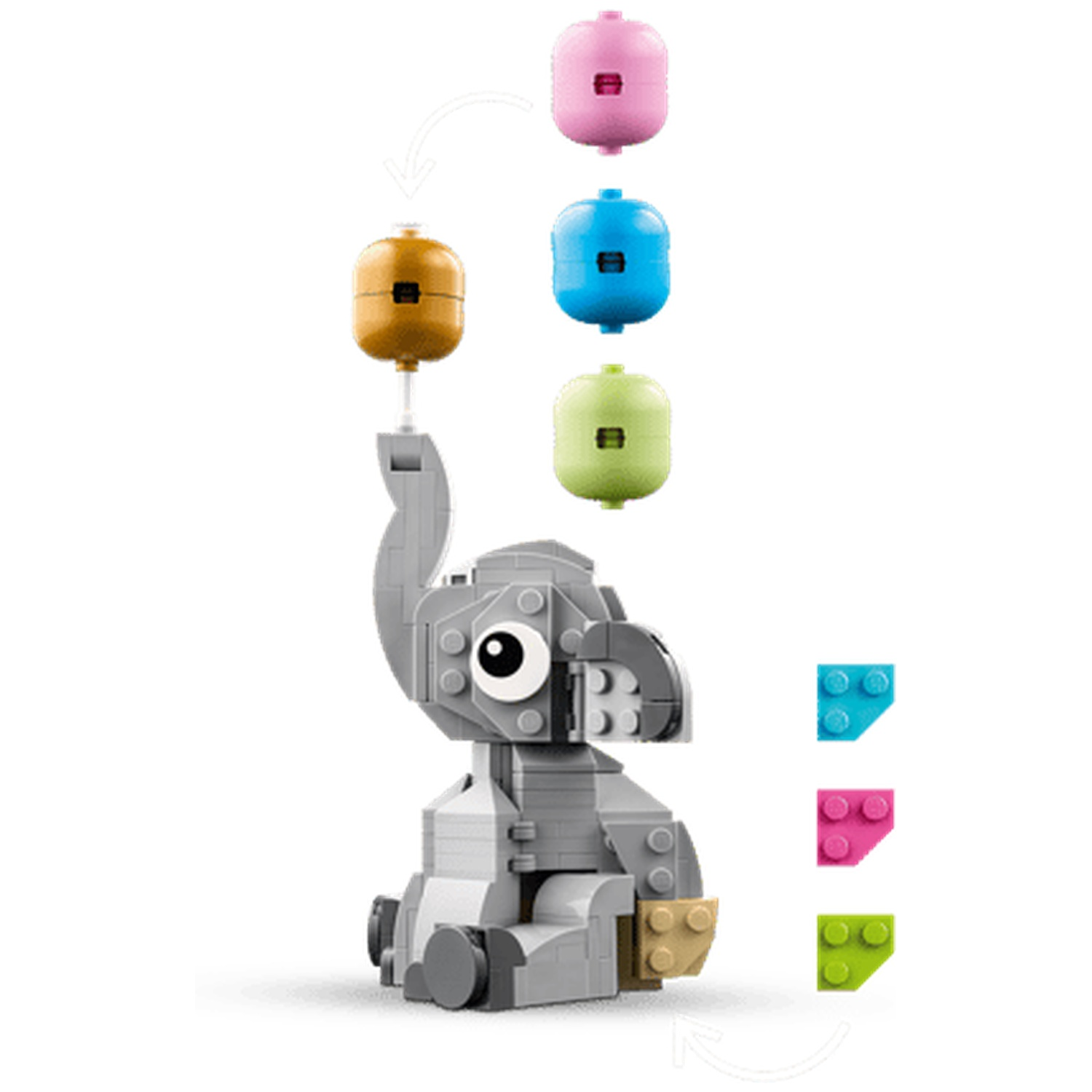 Grijze Lego-olifant met een gouden bol. Roze, blauwe, groene bollen erboven.
