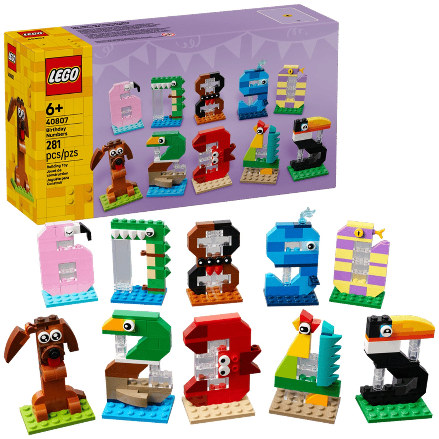 Set LEGO Nombres d'Anniversaire avec 10 animaux et chiffres en briques.