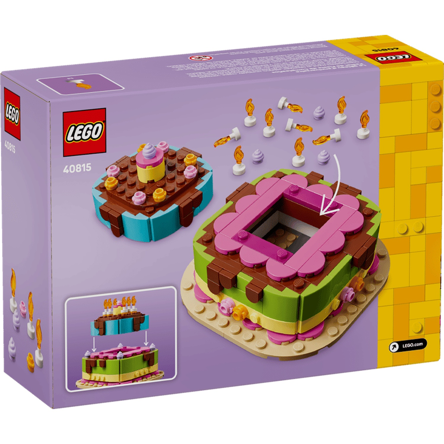 Set de construction de gâteau Lego : deux gâteaux, bougies et cupcakes sur boîte.
