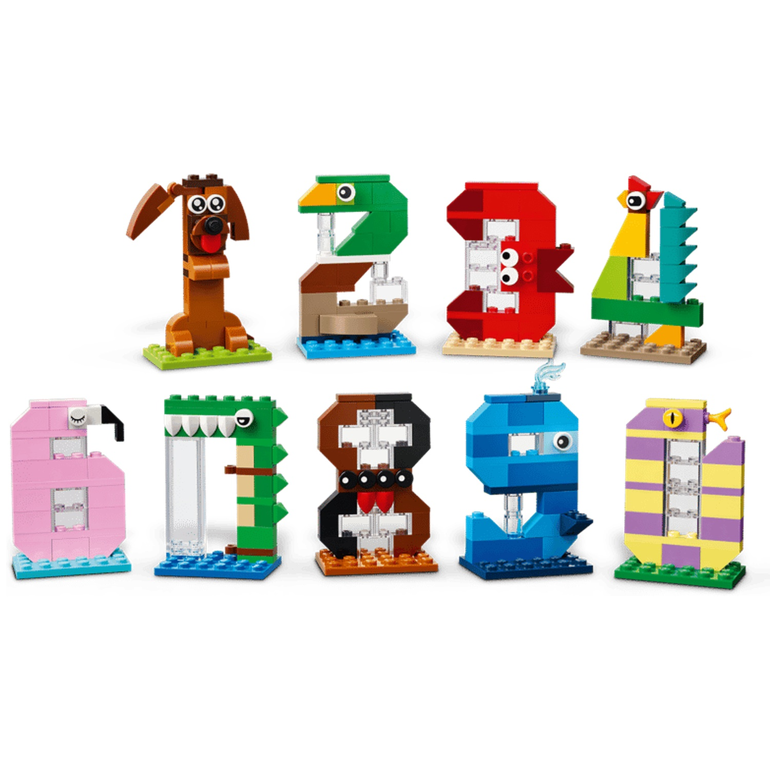 Figurines Lego colorées : chien, canard, 3, coq, flamant rose, crocodile, ours, baleine, serpent.