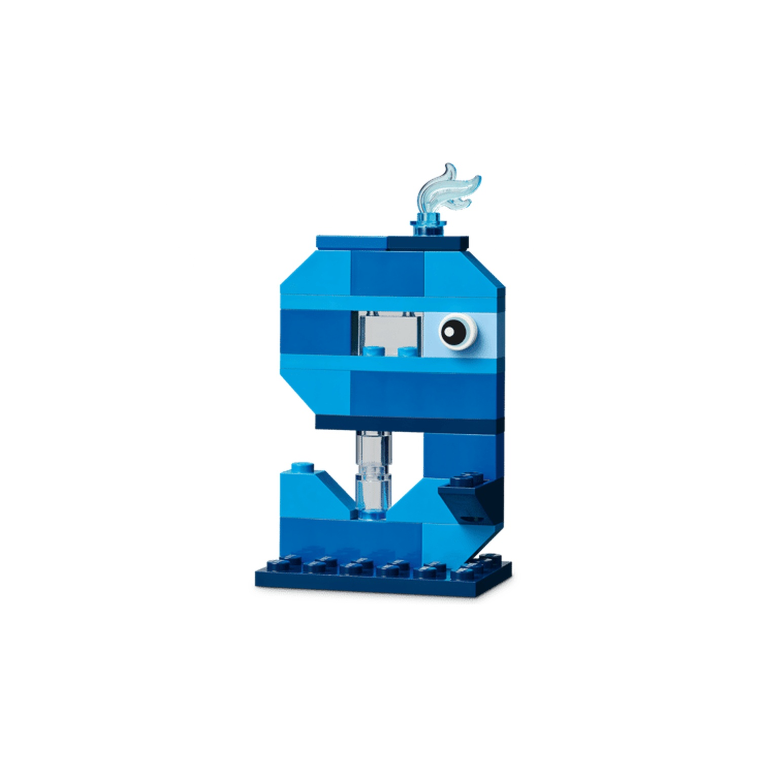 Un robot Lego bleu avec un œil et une flamme sur le dessus.