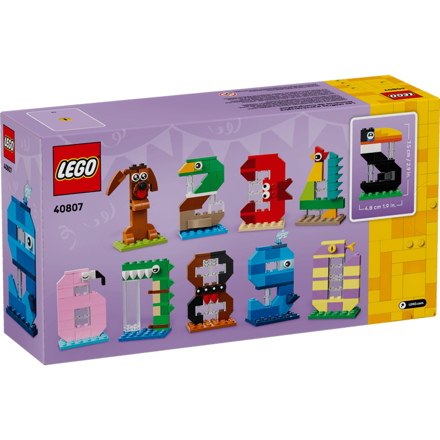 Boîte Lego avec animaux numérotés colorés : chien, canard, poulet, flamant, crocodile.