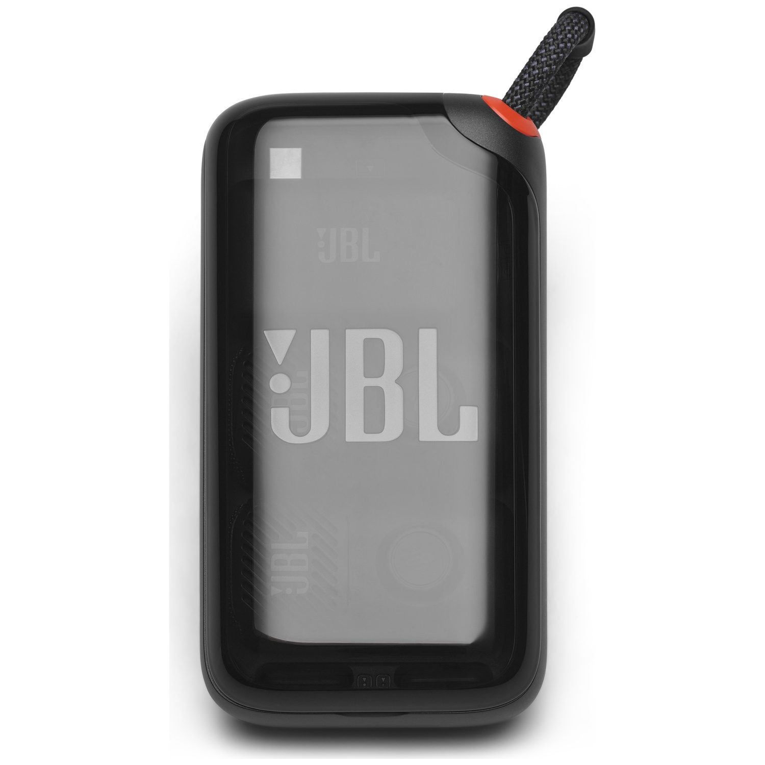 Zwarte draagbare JBL speaker met koordlus en rood accentdetail.