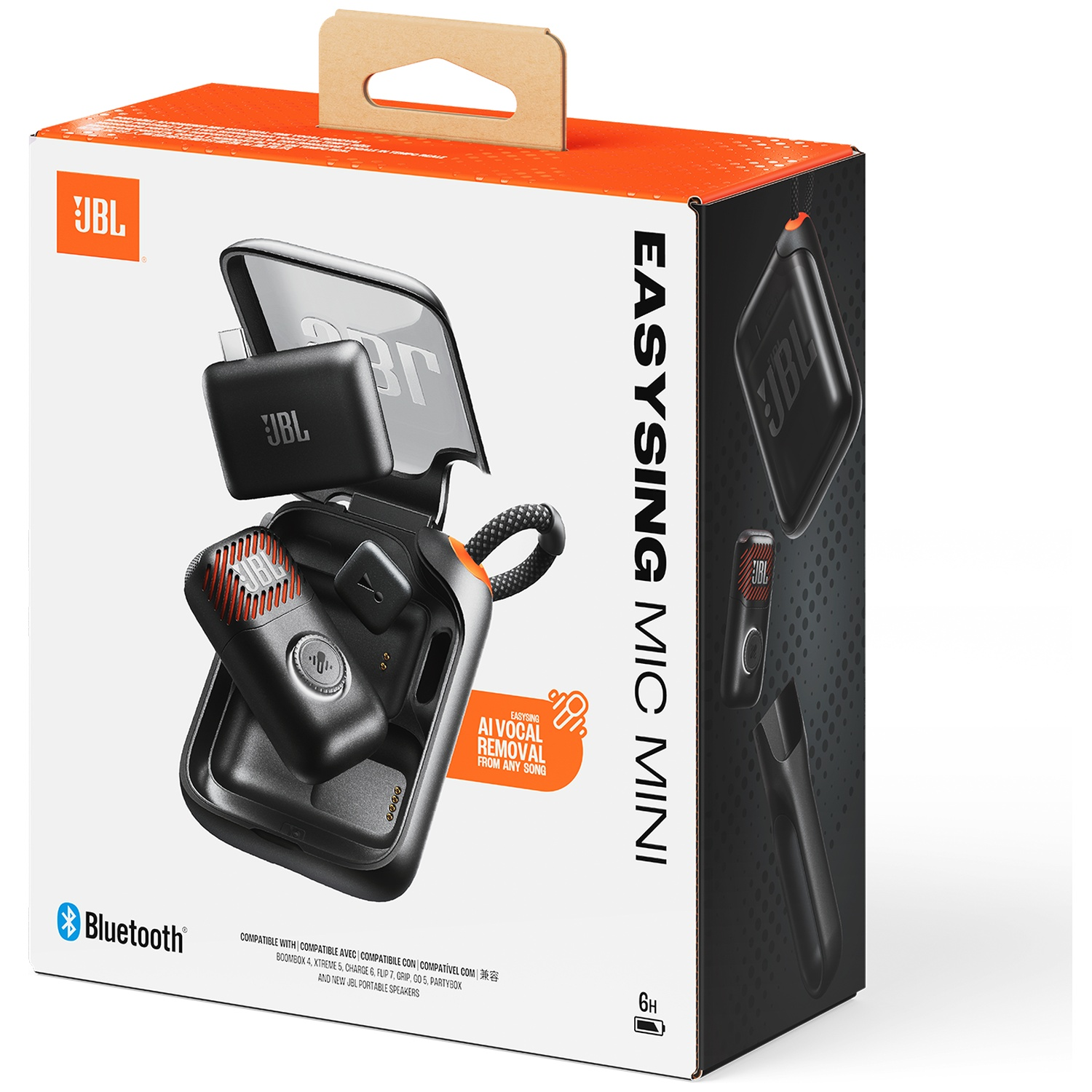 JBL EasySing Mic Mini doos met microfoon en oplaadcase, Bluetooth-symbool.