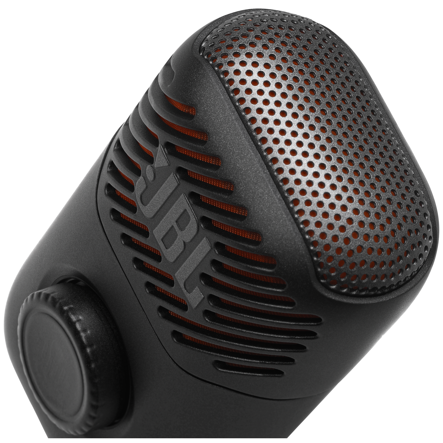 Zwarte JBL microfoon met een getextureerd rooster en een regelknop aan de zijkant.