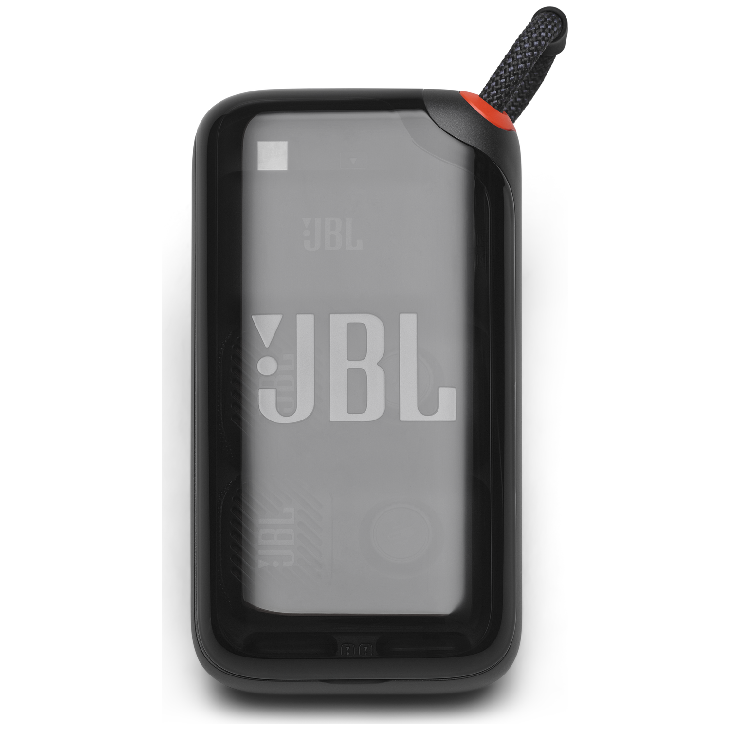 Zwarte JBL speaker met koord en rode accent, op witte achtergrond.