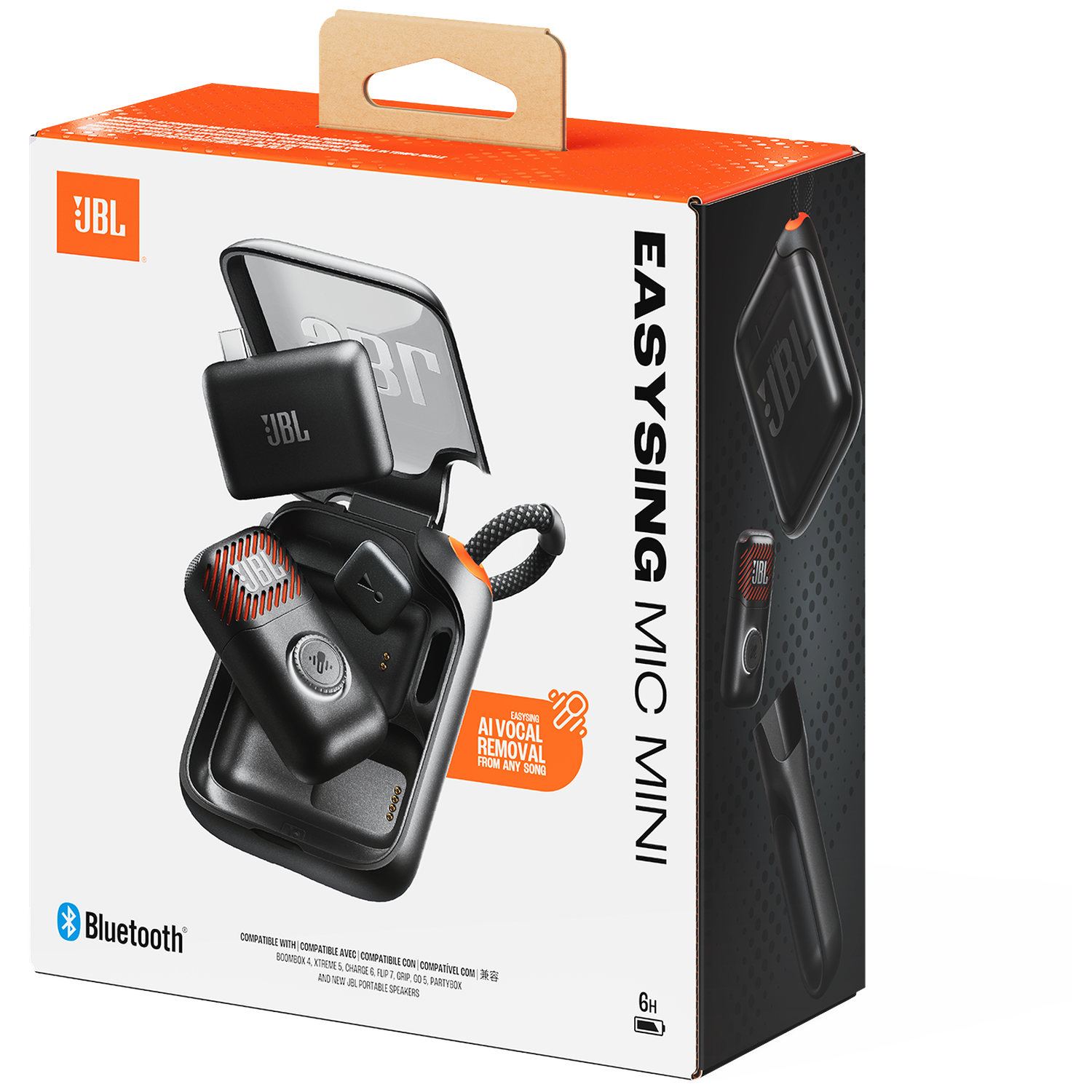JBL Easysing Mic Mini verpakking met Bluetooth microfoon en oplaadcase.