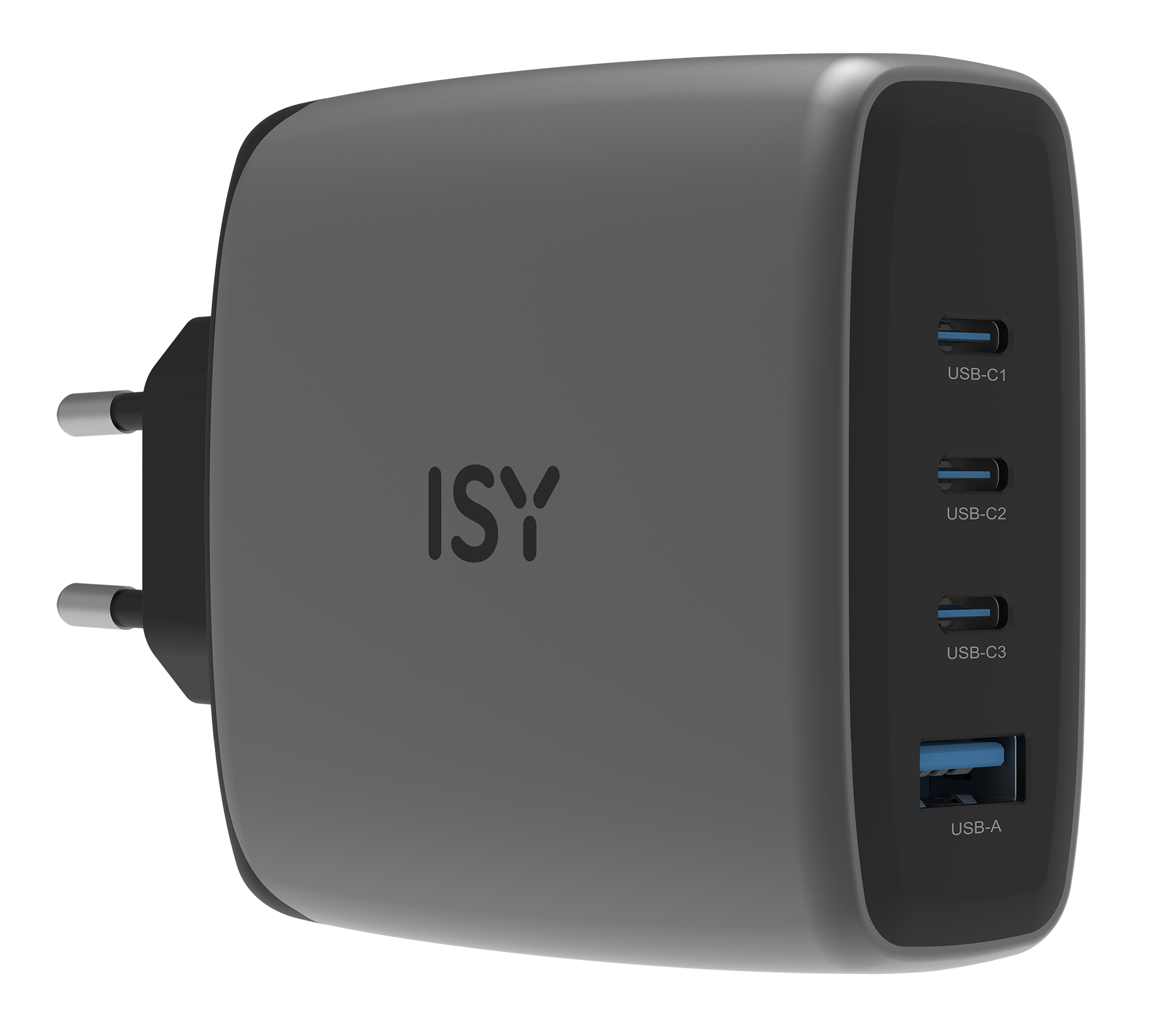 Szara wtyczka ładowarki z 3 portami USB-C i 1 portem USB-A na czarnym tle.