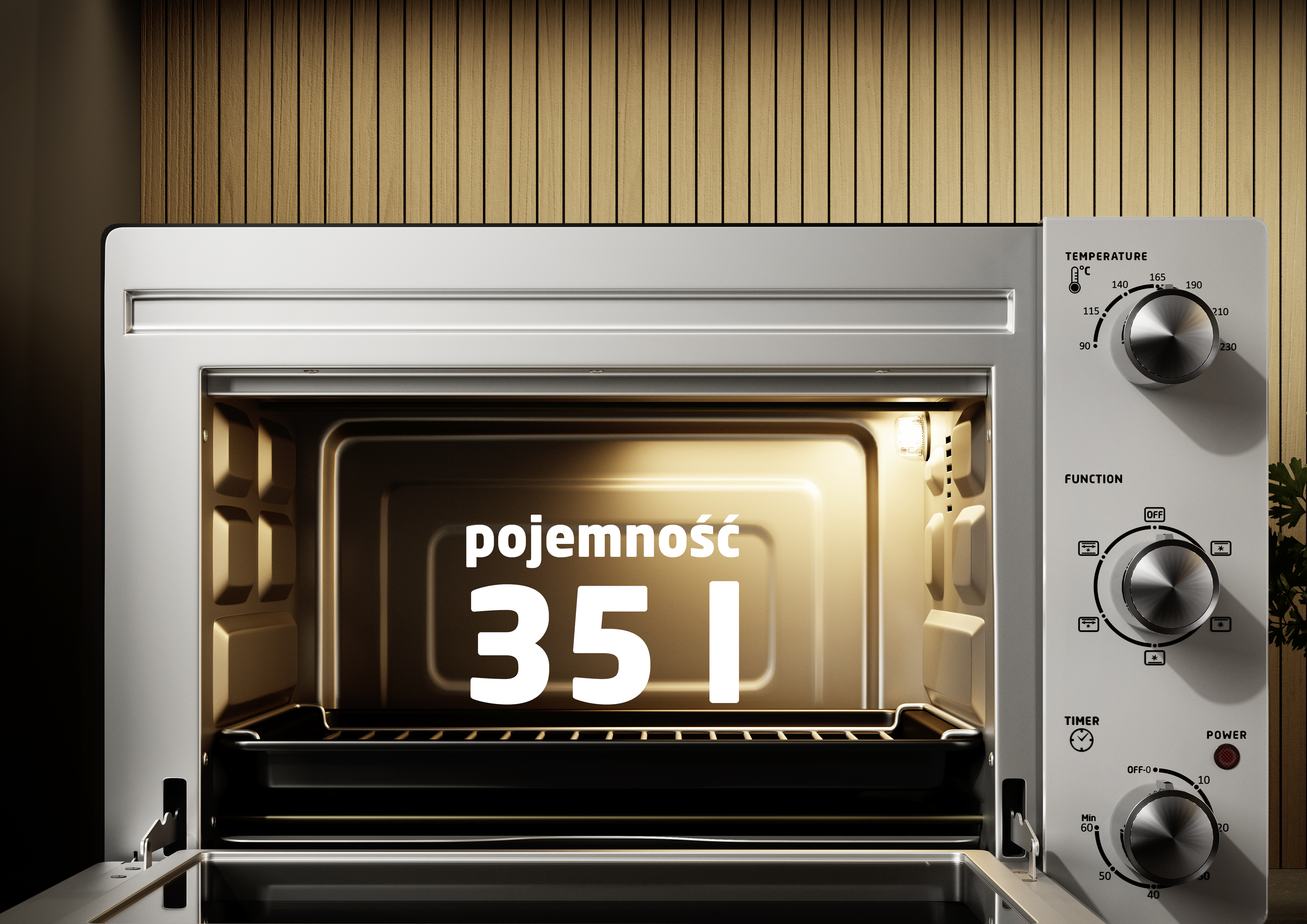 Srebrny piekarnik z podświetlanym wnętrzem, wyświetlający napis „35 l“.