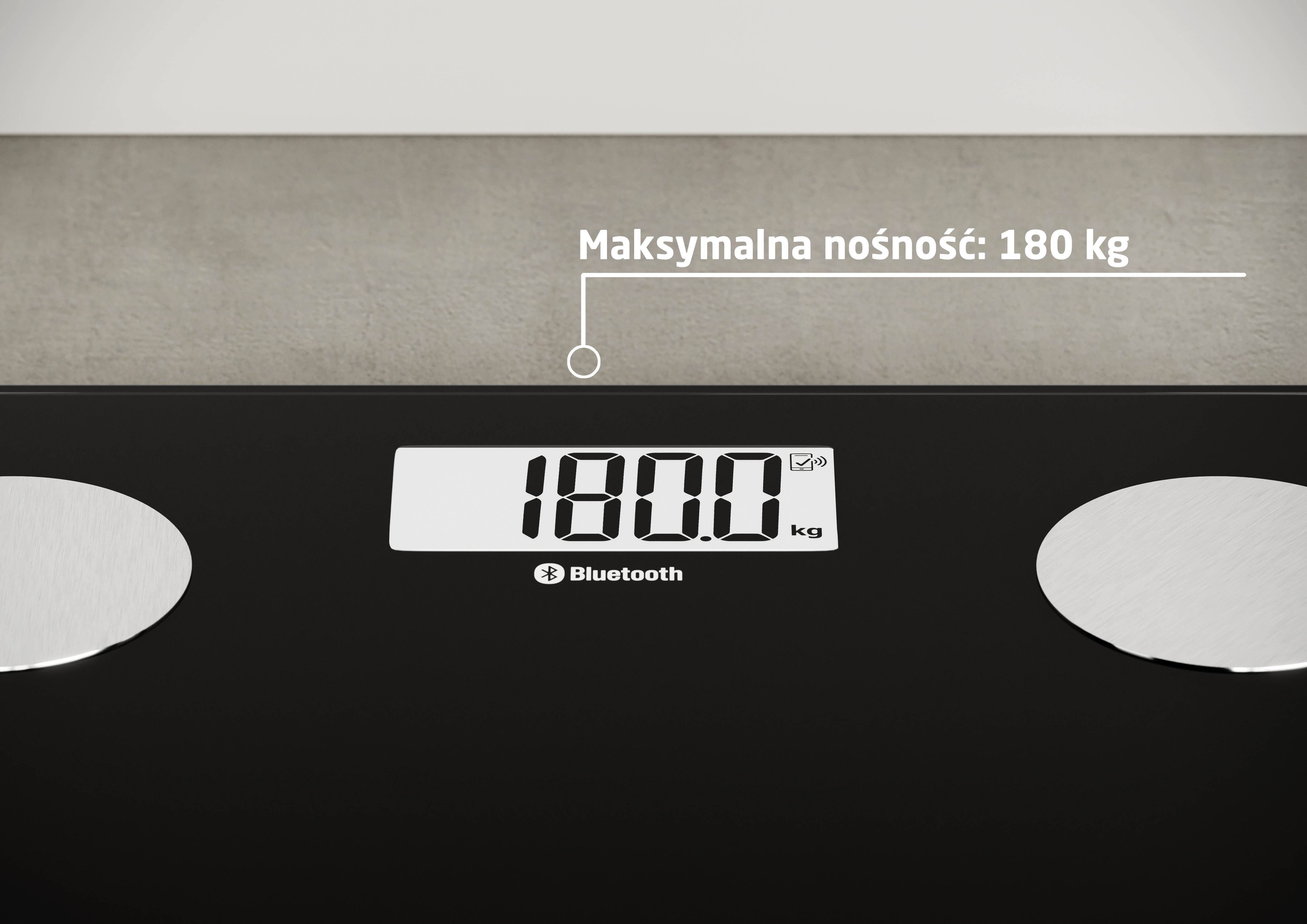 Czarna waga pokazuje 180,0 kg, z symbolem Bluetooth.