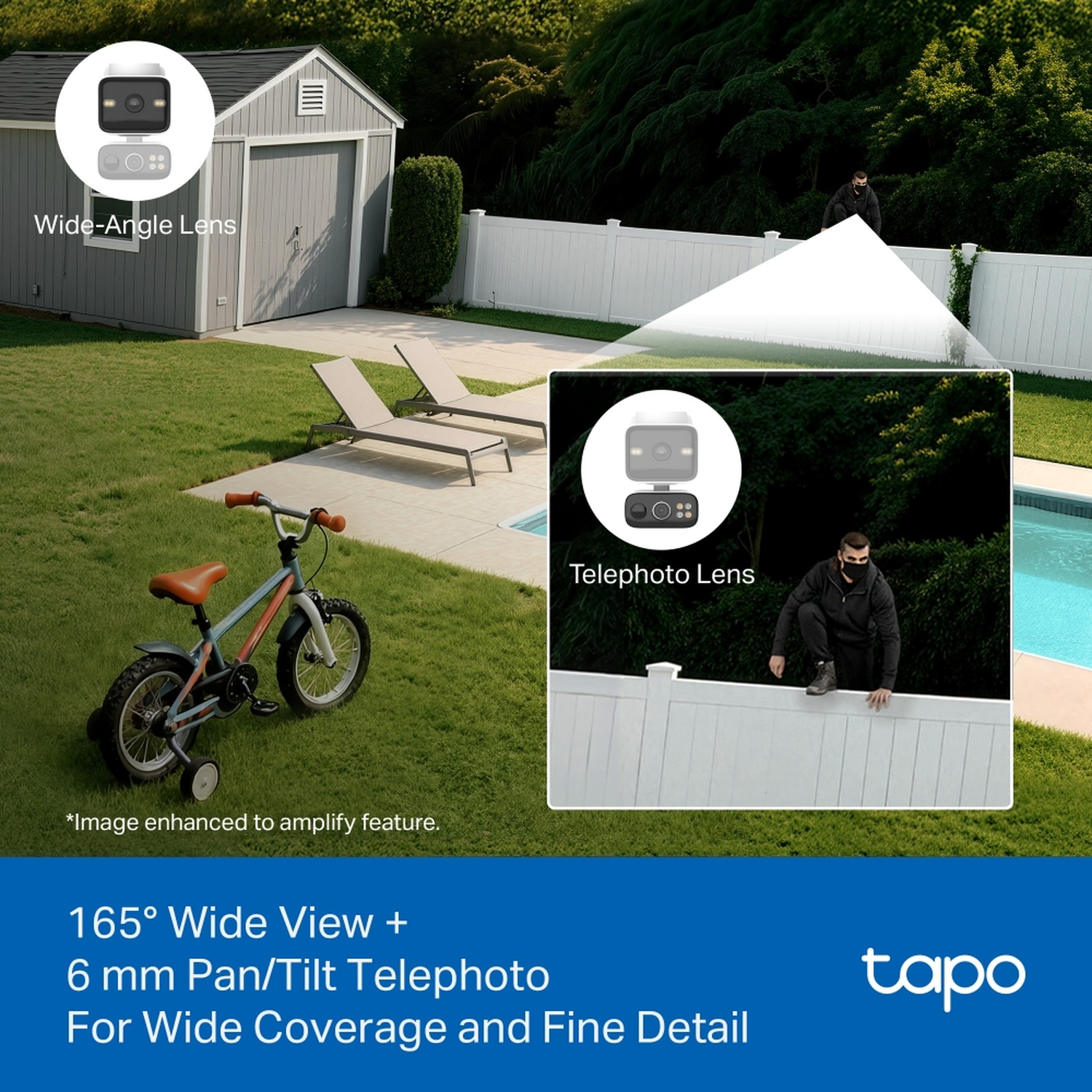 Cortile con capanno, piscina e bici. Viste grandangolari e teleobiettivo.