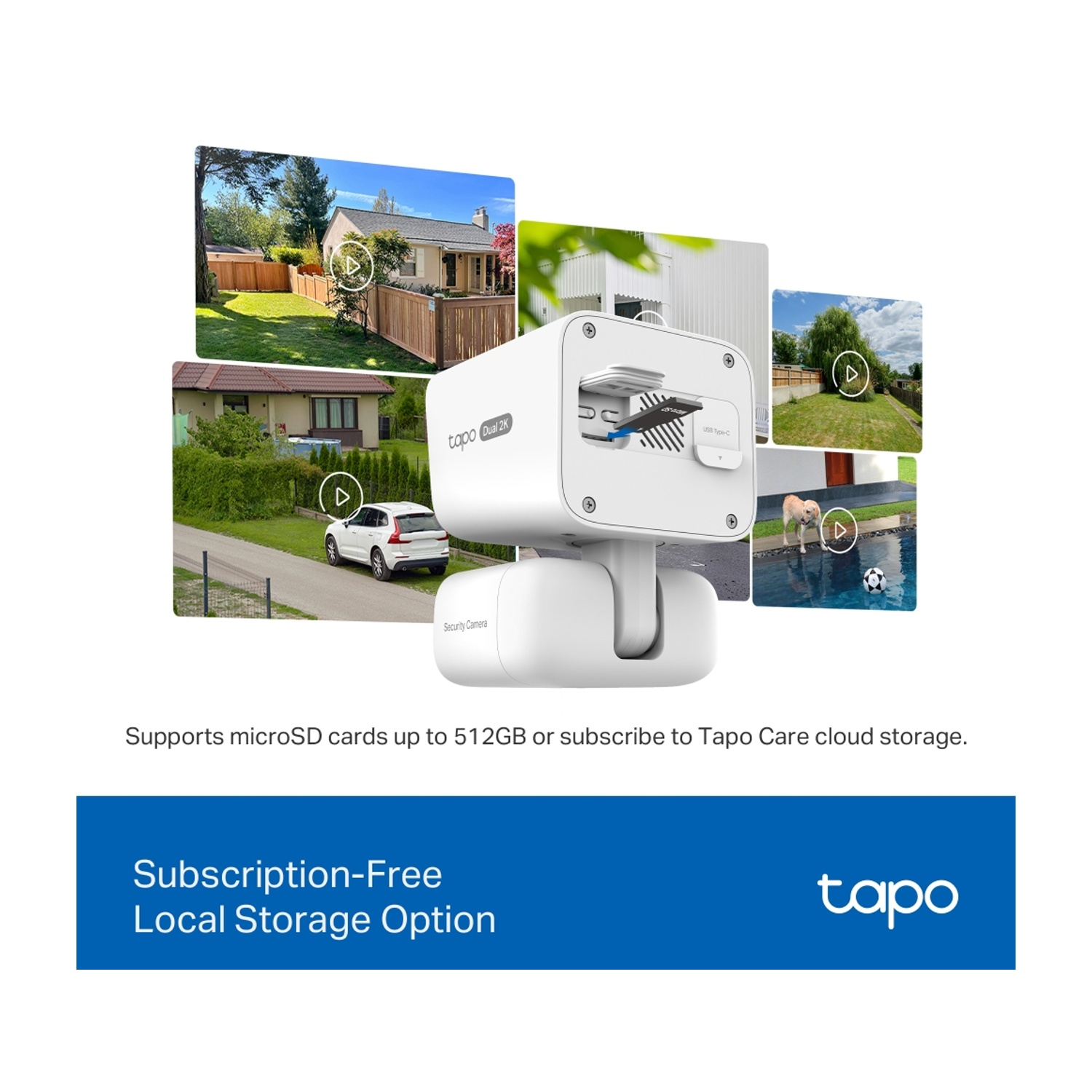 Telecamera di sicurezza Tapo con slot per scheda SD e viste di case.