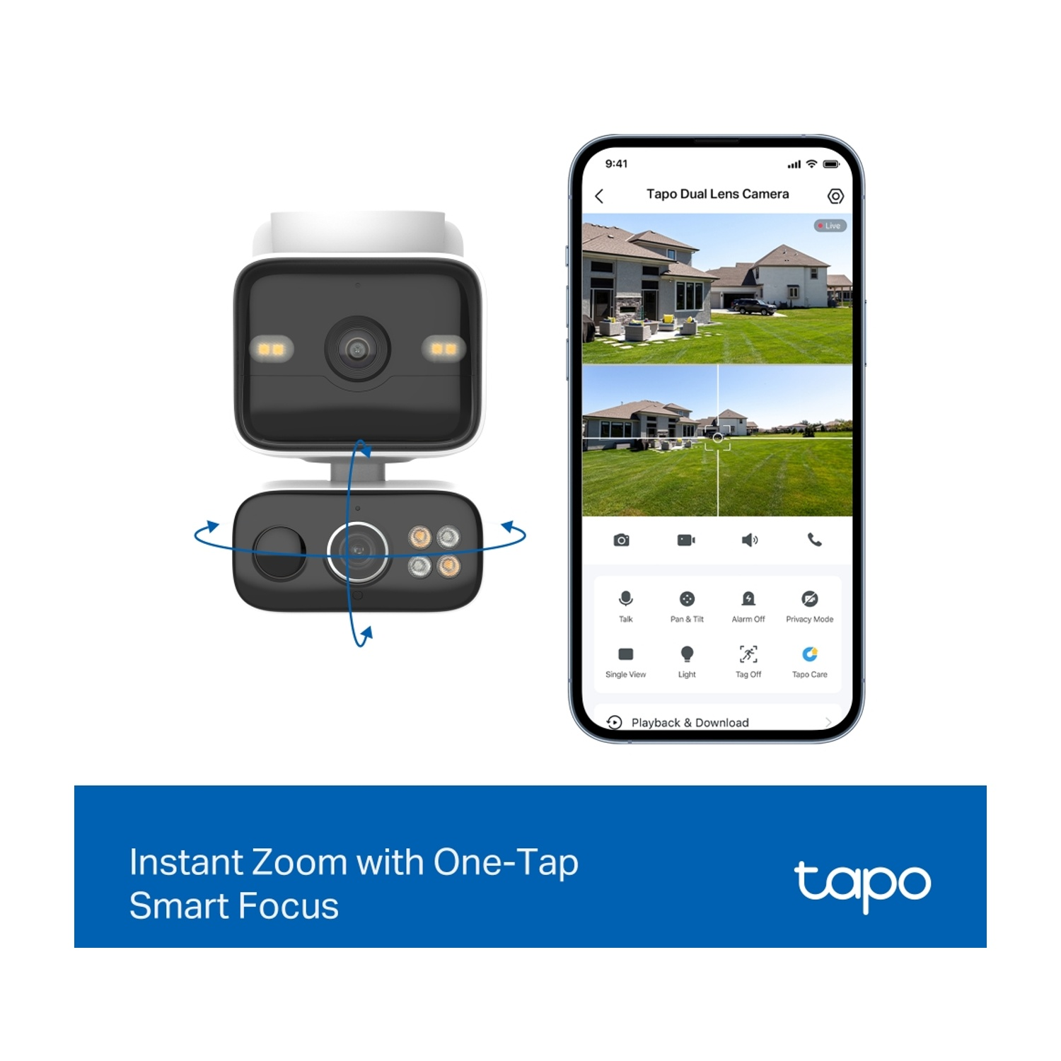 Telecamera di sicurezza con app per smartphone che mostra una vista esterna.