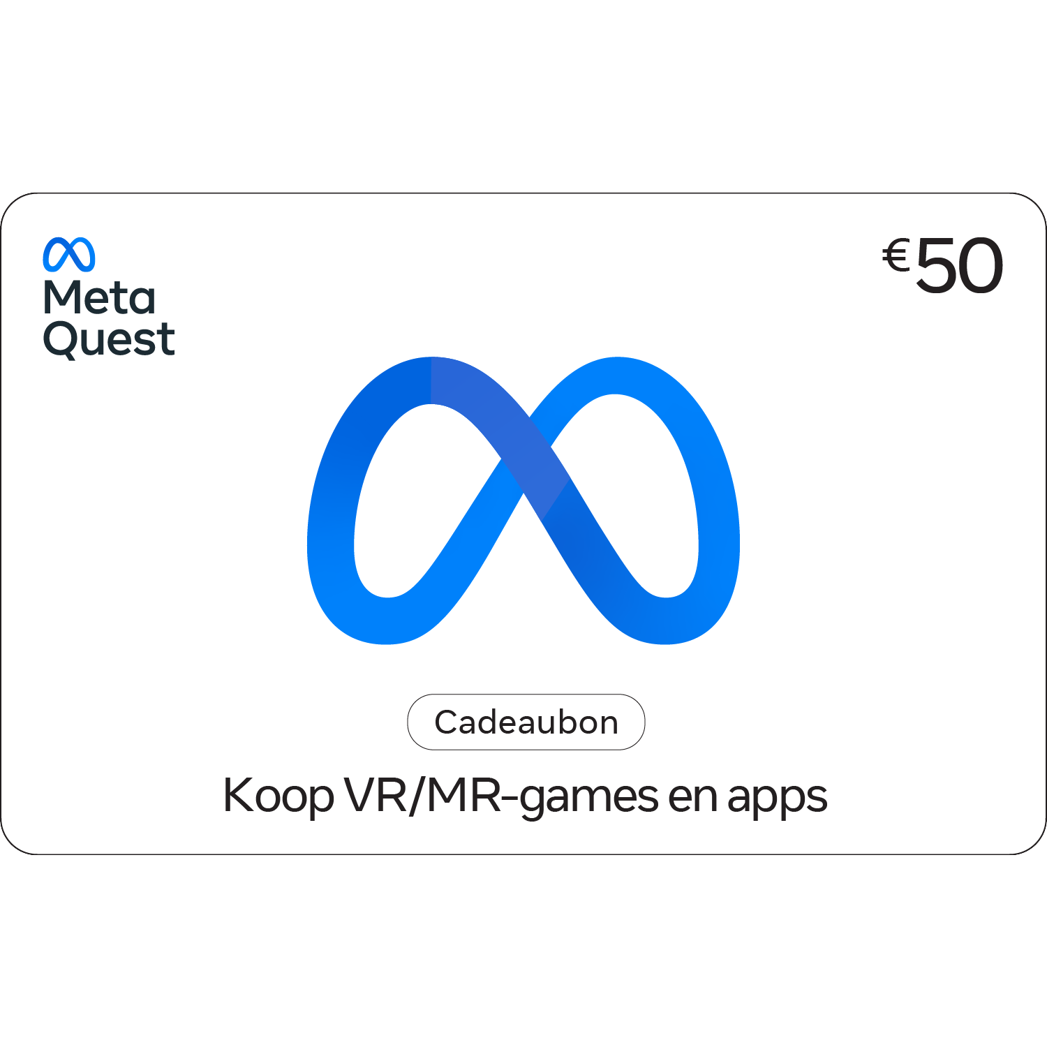 Meta Quest €50 cadeaukaart met blauw oneindigheidssymbool.