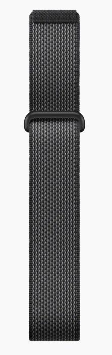 Ein schwarzes Textilarmband mit einem grauen Muster und einer schwarzen Schlaufe.