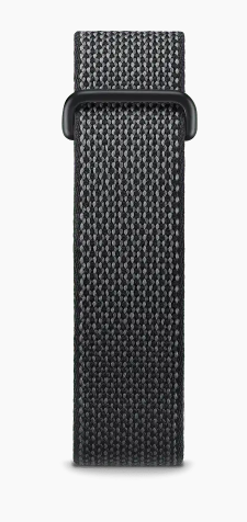 Ein graues und schwarzes gewebtes Uhrenarmband mit schwarzer Schnalle.