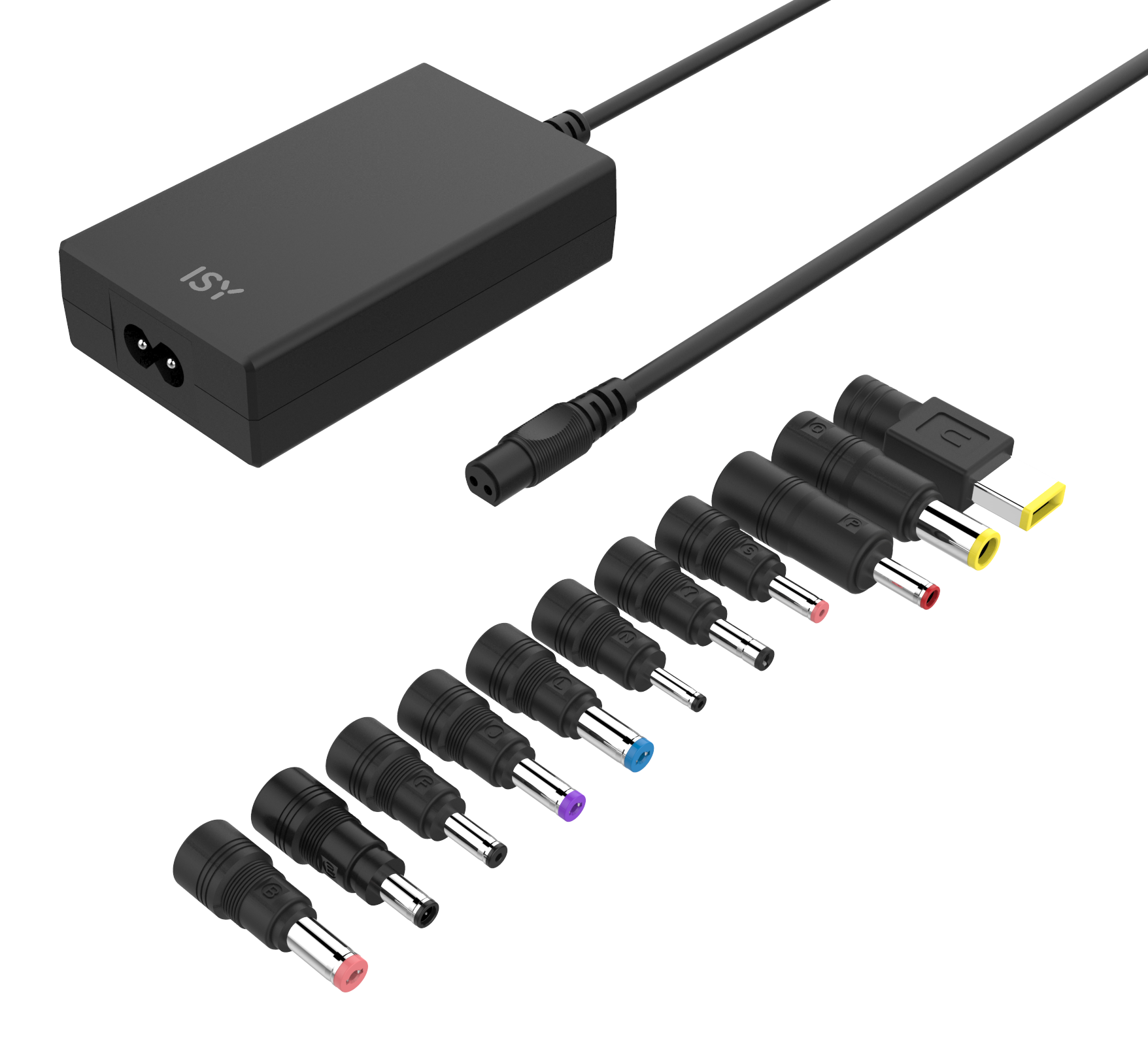 Czarny zasilacz z gniazdem USB-C i wymiennymi końcówkami.