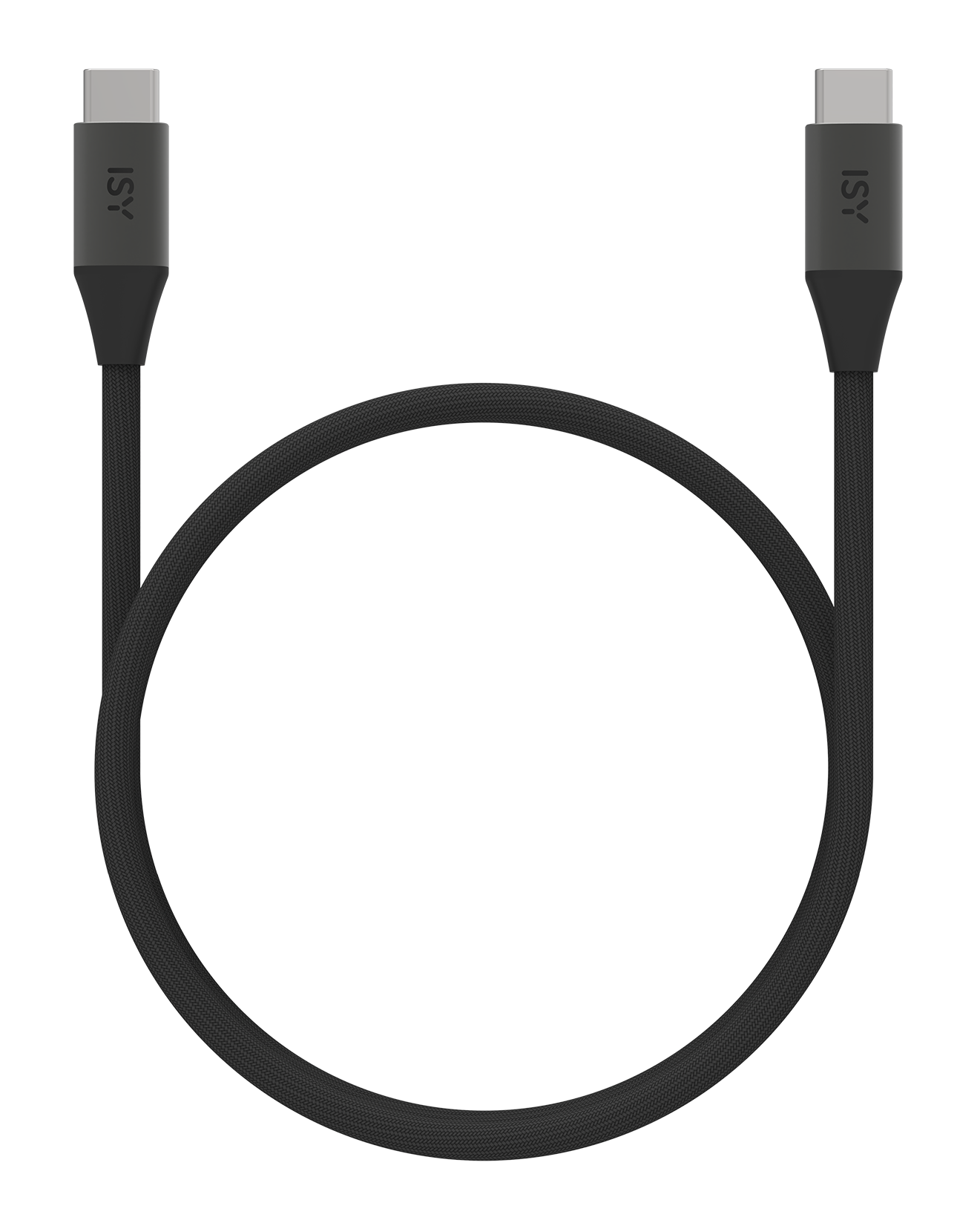 Czarny kabel USB-C z dwoma portami, z logo ISY.